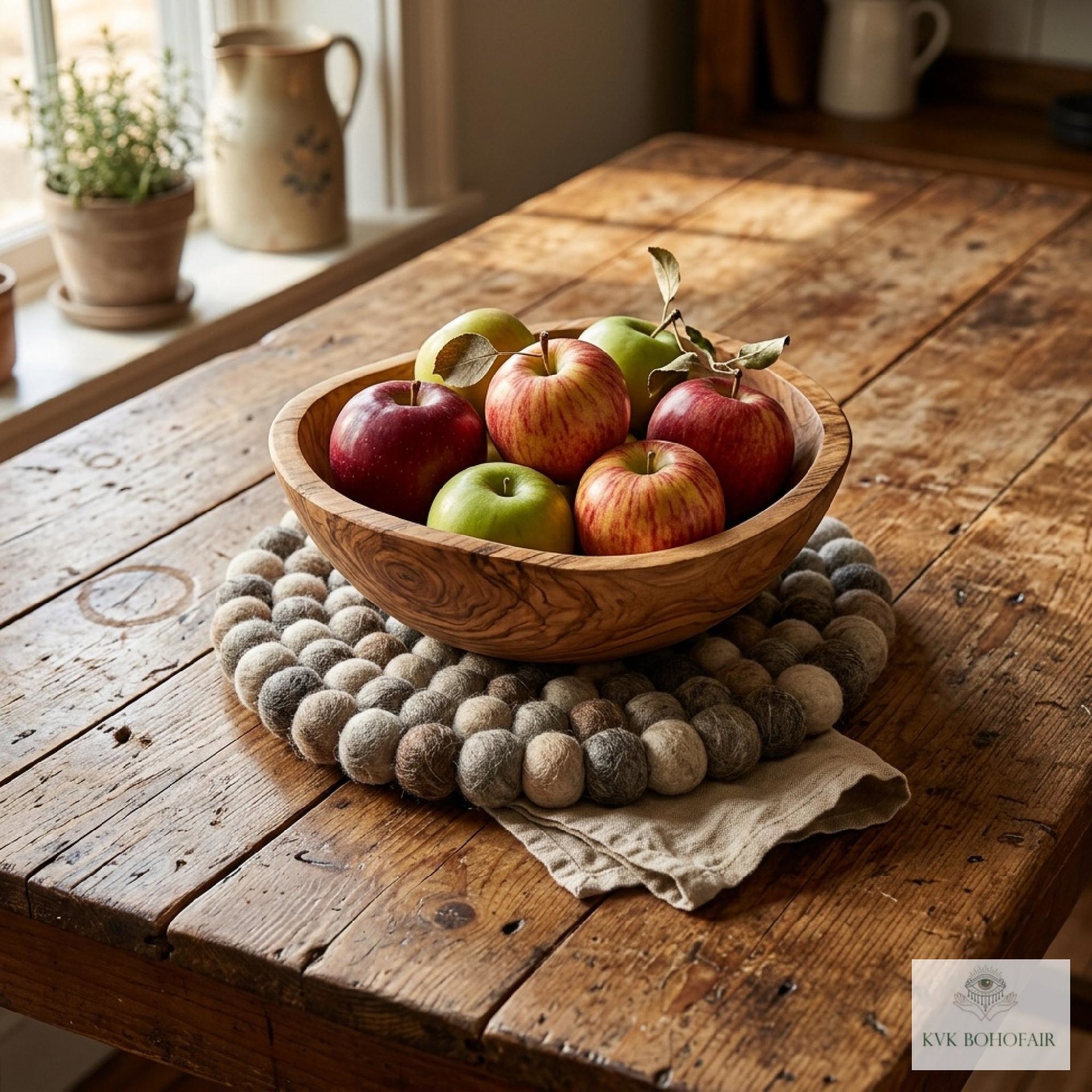 Mixed Gray Wool Felt Ball Trivet, Boho Kitchen Hot Pad, Coaster Table Pot Holder