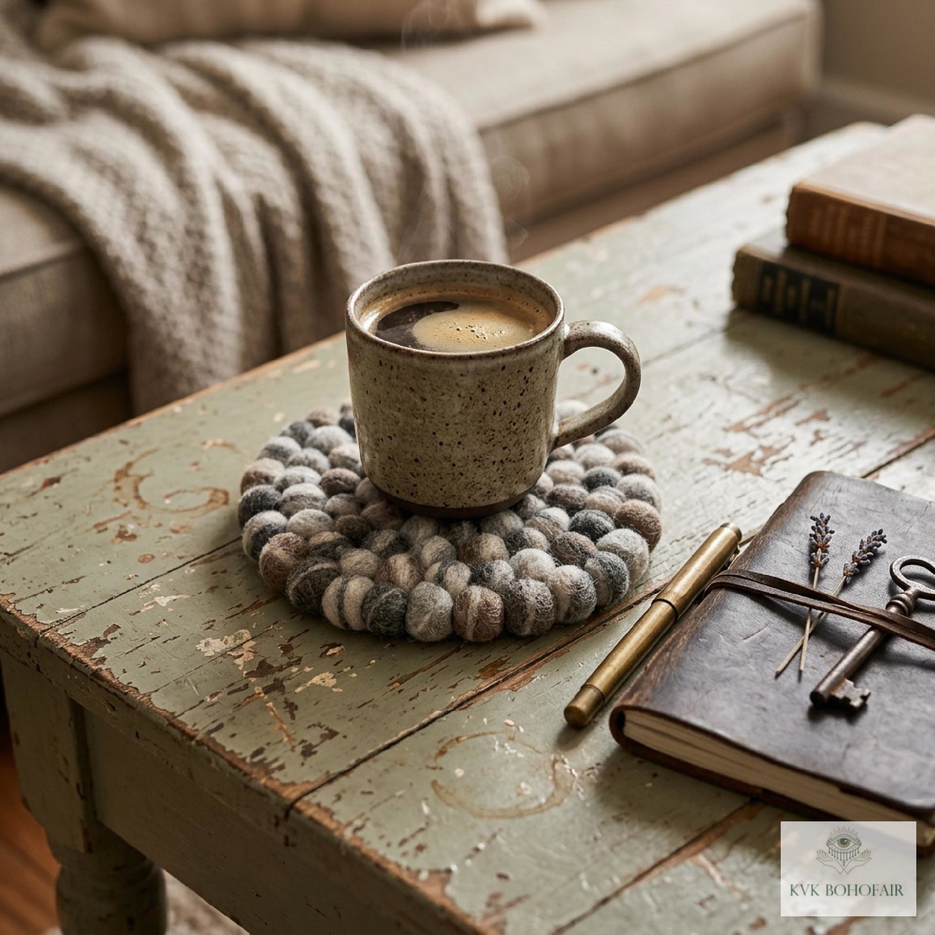 Mixed Gray Wool Felt Ball Trivet, Boho Kitchen Hot Pad, Coaster Table Pot Holder