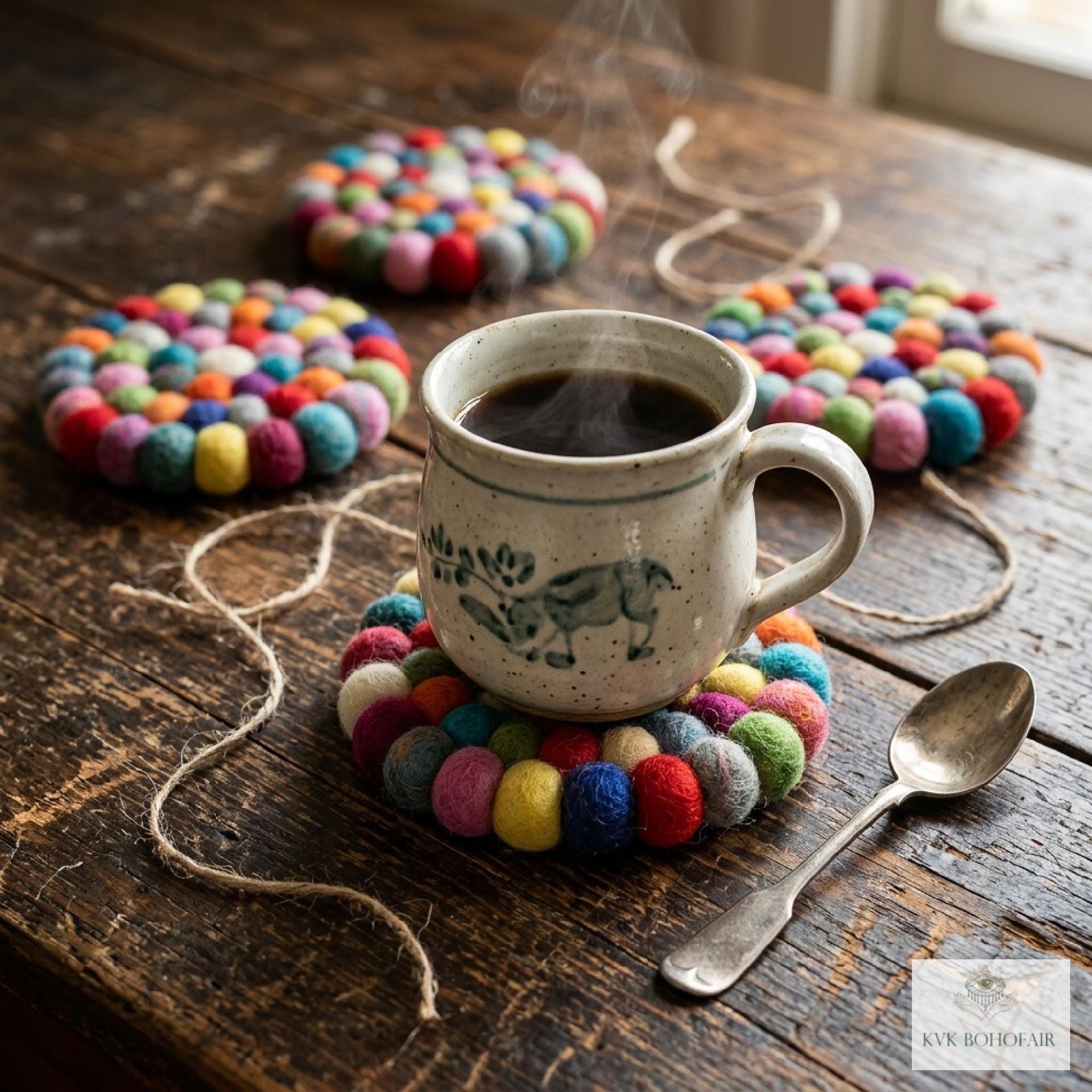 Colorful Wool Felt Ball Coaster Set, Handmade Drink Mug Rug, Eco Cup Mat