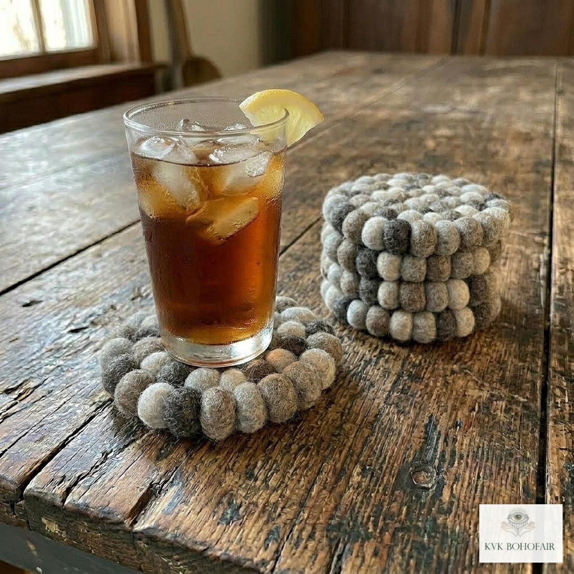 Mixed Gray Wool Felt Ball Coaster Set, Handmade Drink Mug Rug, Eco Cup Mat