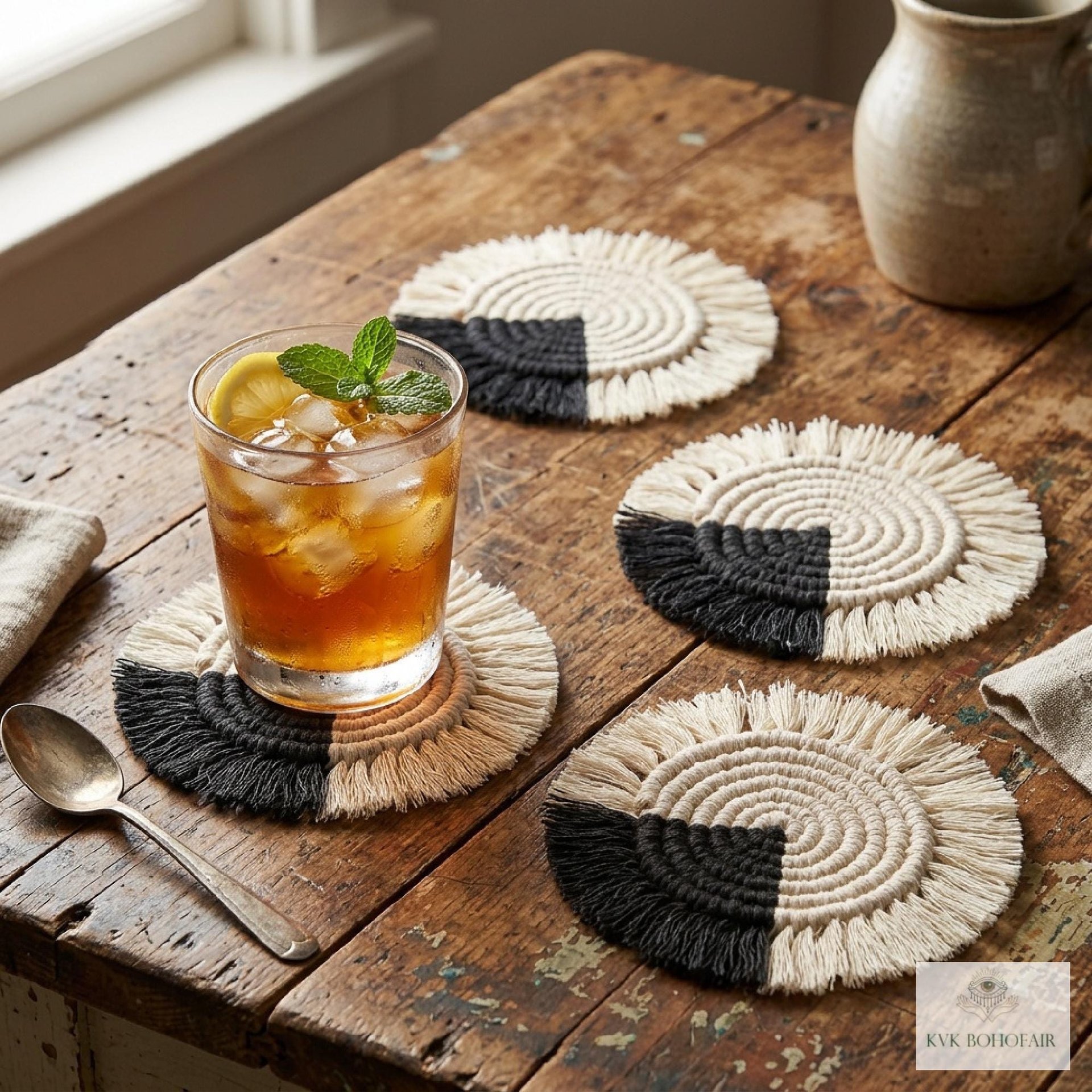 Boho Macrame Coasters - Handmade Drink Coasters, Set of 4, Eco-Friendly