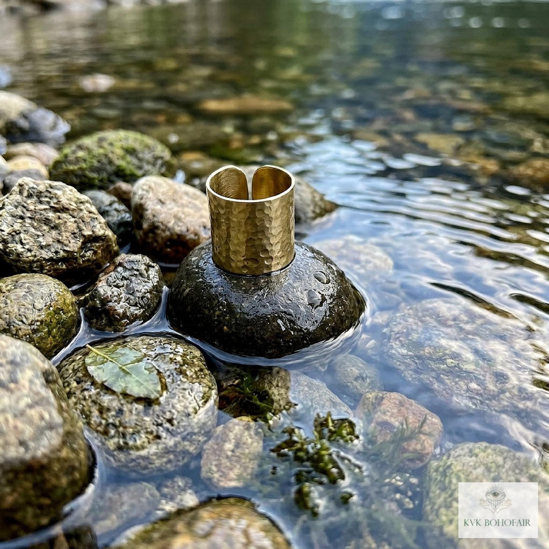 Artisan Hammered Wide Band Brass Ring – Handmade Open Cuff Statement Ring