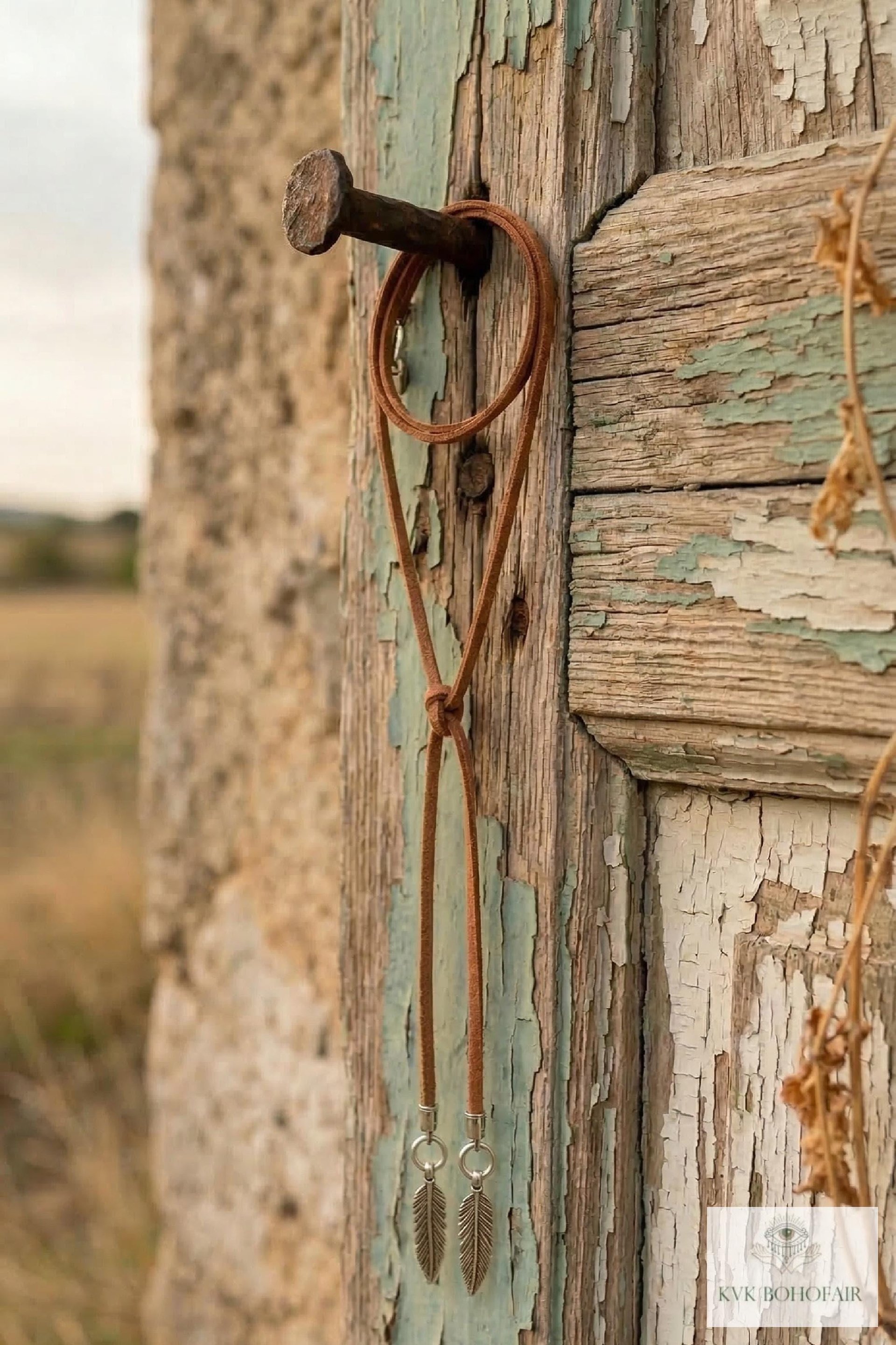 Brown Suede Lariat Feather Necklace - Adjustable Length Long Cord Jewelry