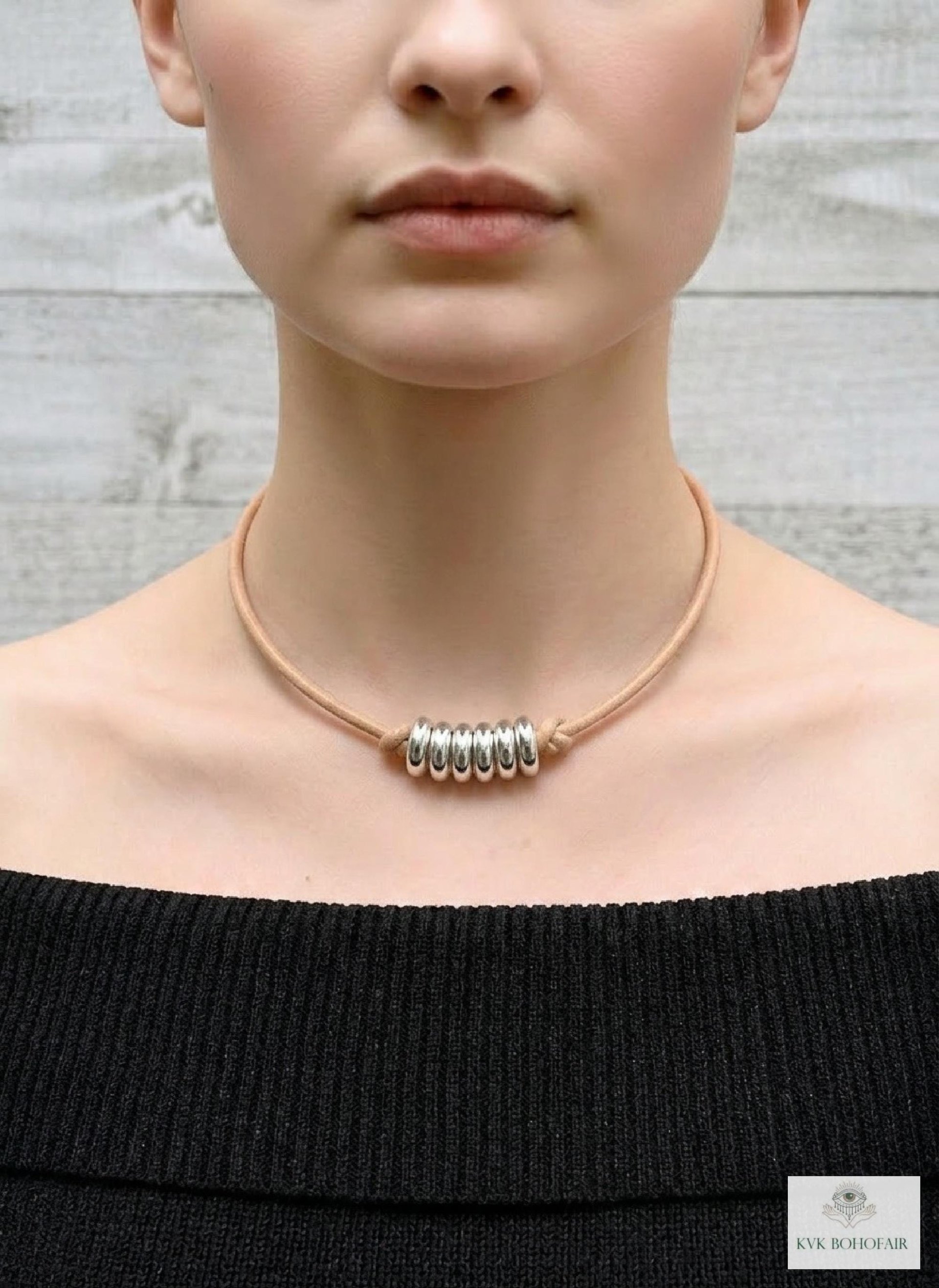 Boho Leather & Silver Bead Necklace - Adjustable Minimalist Style