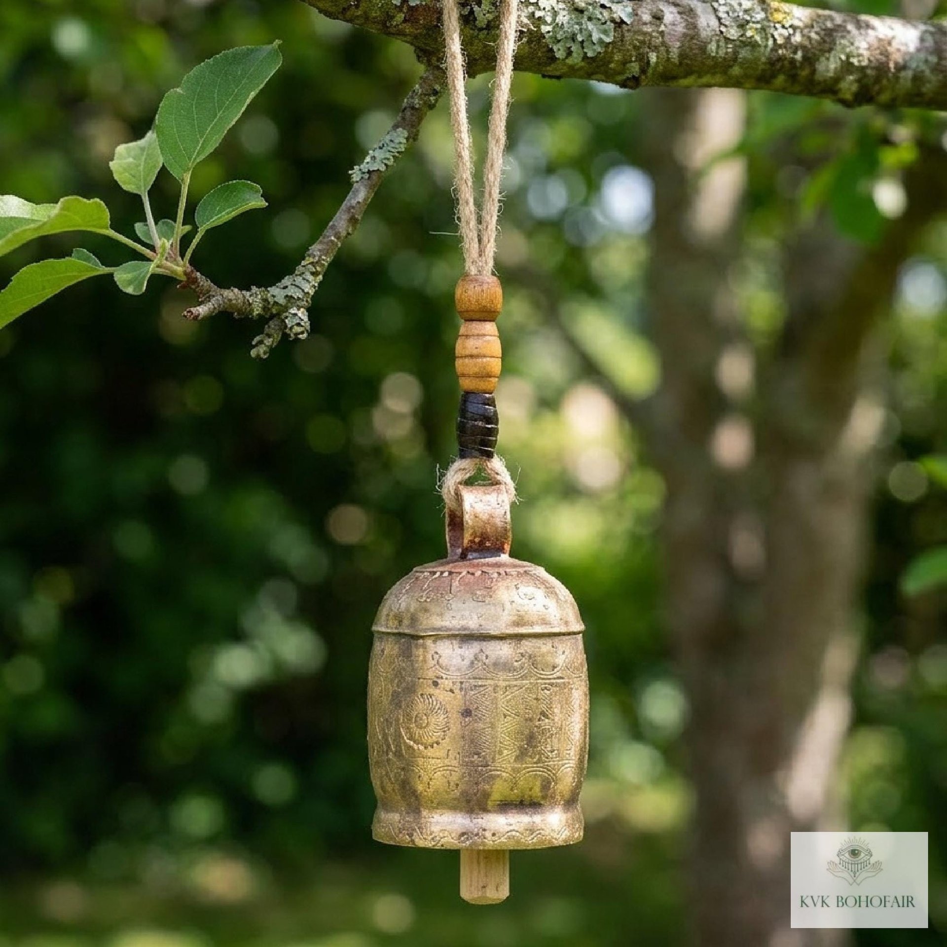 Handmade Etched Copper Bell Jute Cord Artisan Boho Wall Hanging
