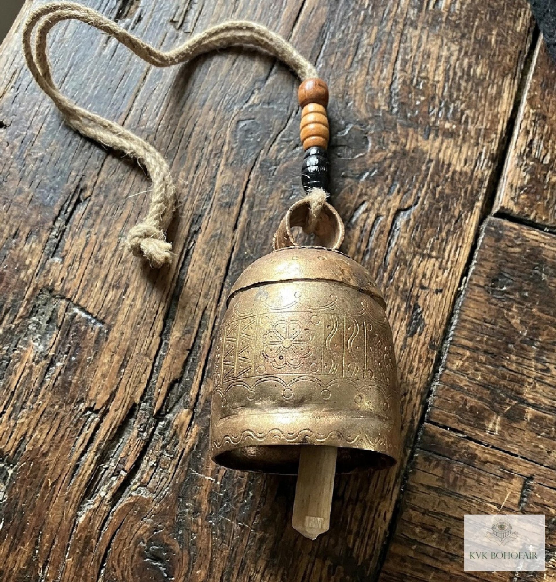 Handmade Etched Copper Bell Jute Cord Artisan Boho Wall Hanging