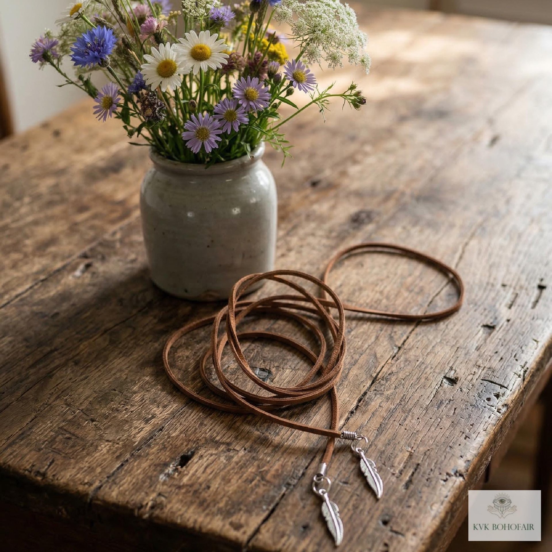 Brown Suede Lariat Feather Necklace - Adjustable Length Long Cord Jewelry