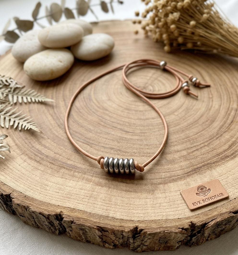 Boho Leather & Silver Bead Necklace - Adjustable Minimalist Style