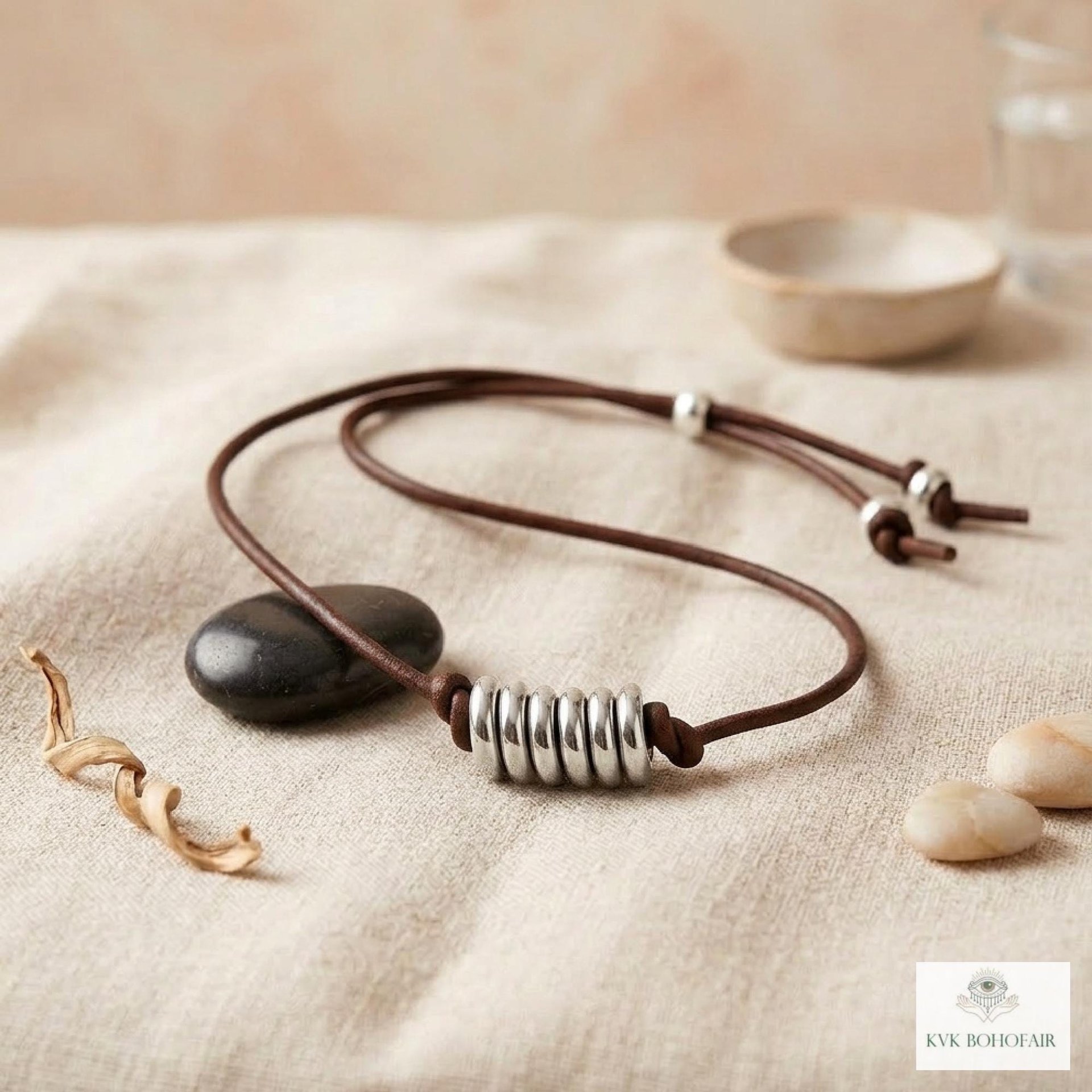 Boho Leather & Silver Bead Necklace - Adjustable Minimalist Style