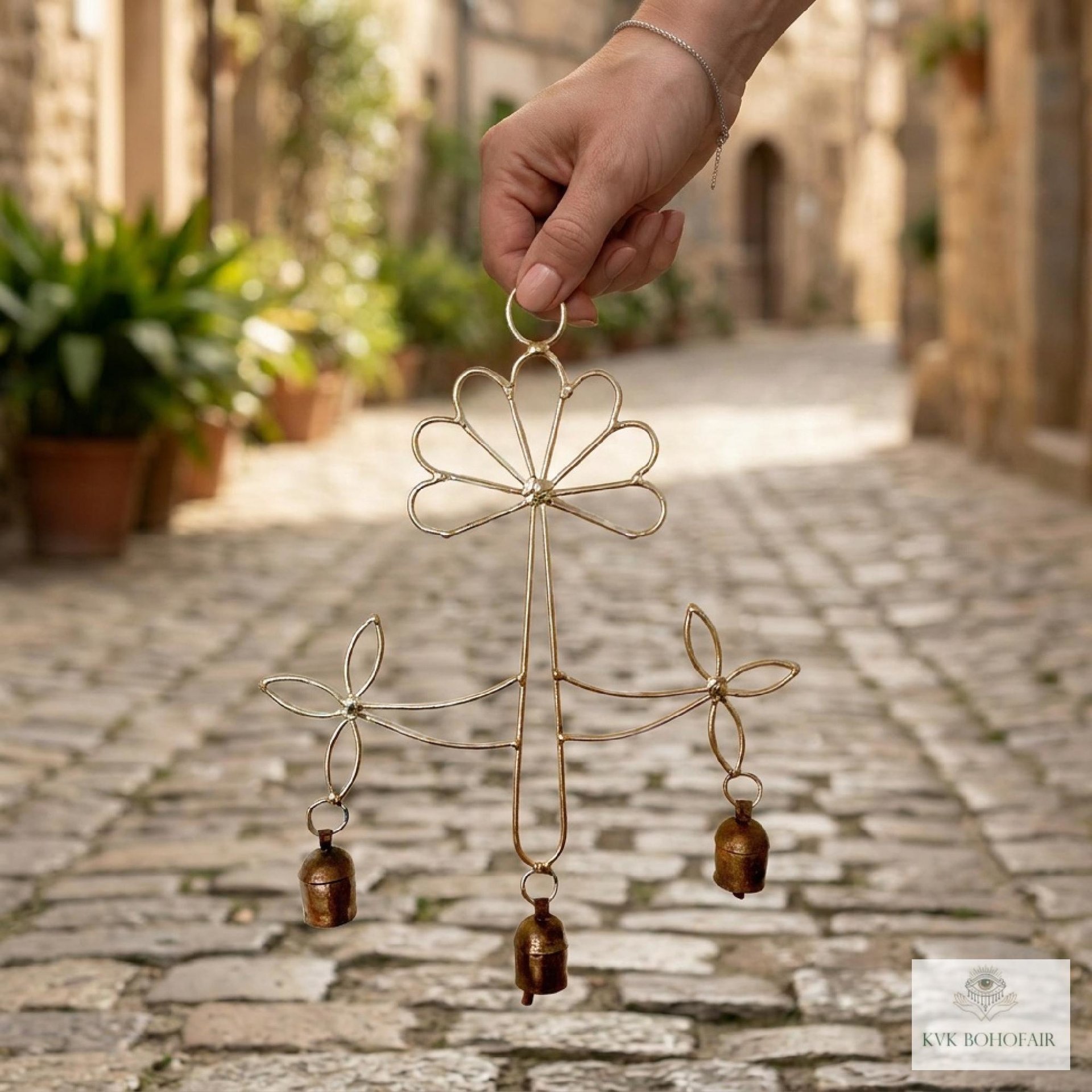 Peaceful: Handmade Flower Garden Wind Chime with Rustic Bells