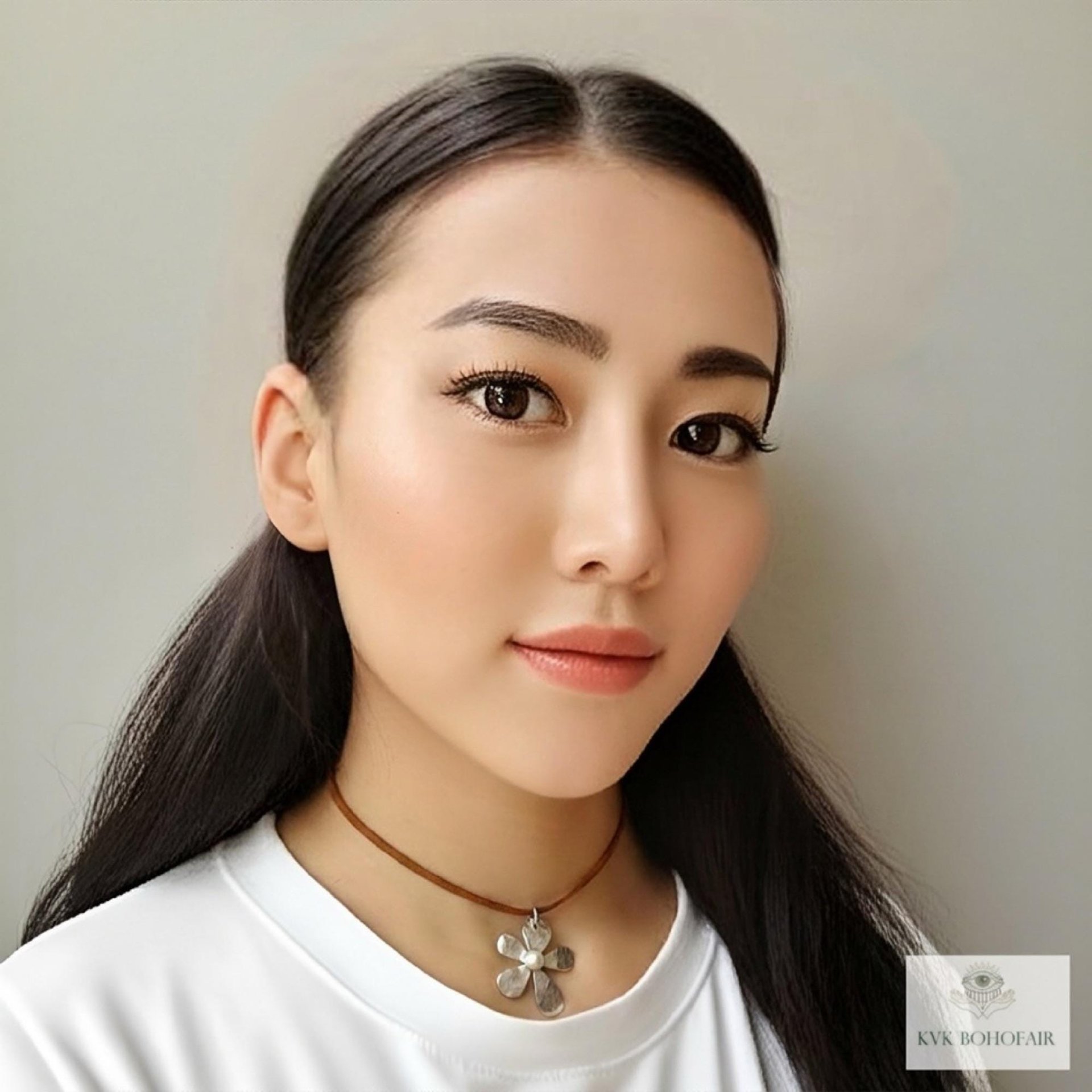 Silver Boho Flower Choker Necklace, Brown Suede Botanical Pendant