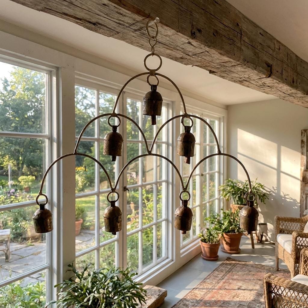 Artisan Chandelier Bells Wind Chime, Recycled Metal Garden Decor, Outdoor Patio Hanging Bells