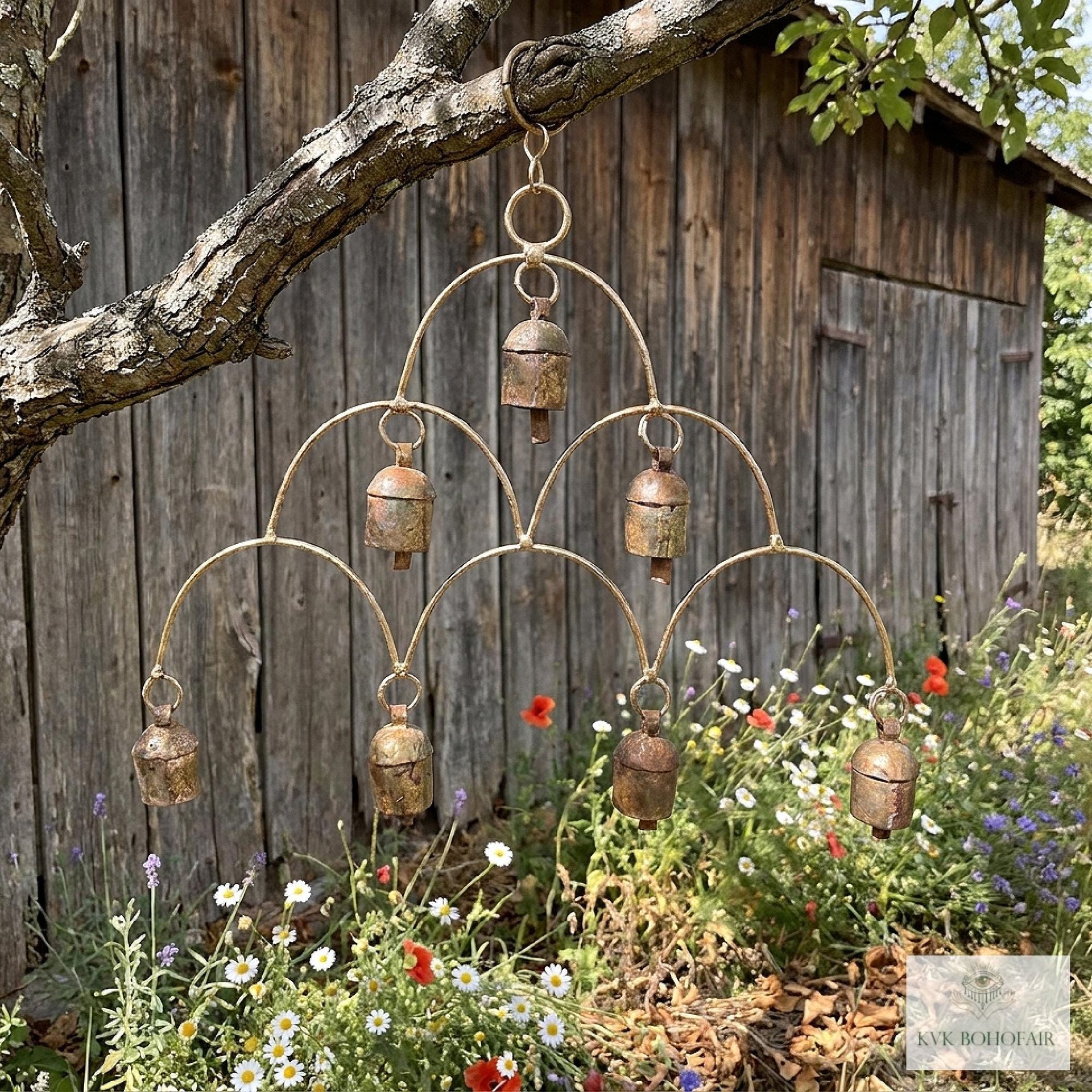 Artisan Chandelier Bells Wind Chime, Recycled Metal Garden Decor, Outdoor Patio Hanging Bells