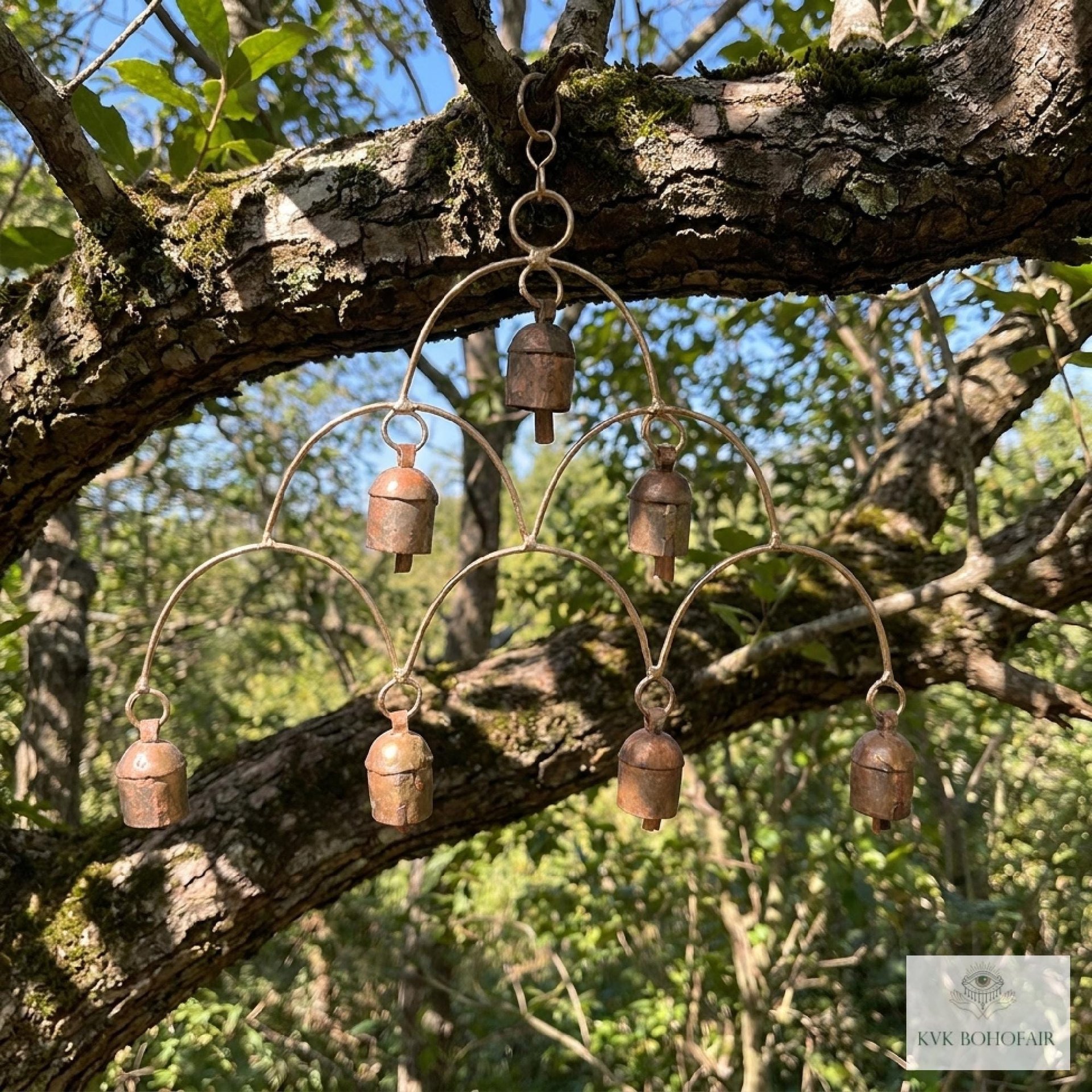 Artisan Chandelier Bells Wind Chime, Recycled Metal Garden Decor, Outdoor Patio Hanging Bells