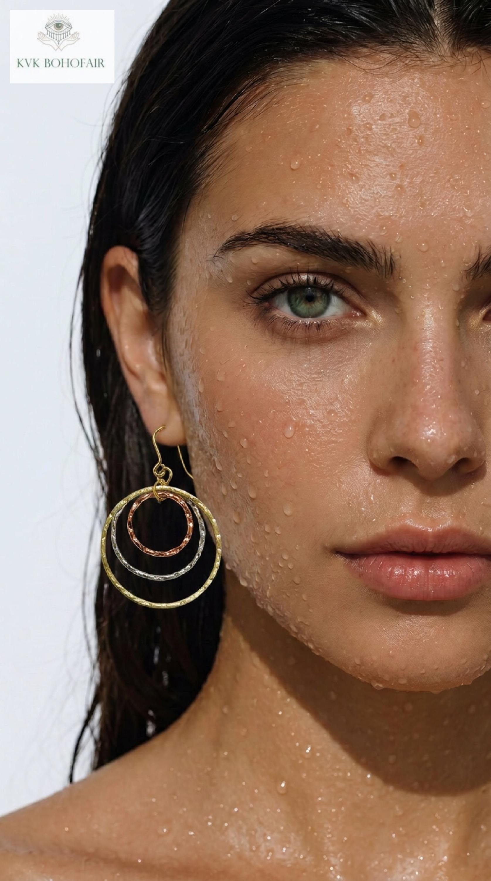 Mixed Metal Dangle Earrings - Hammered Tri Color Nested Hoops, Three Tone Circle Drops