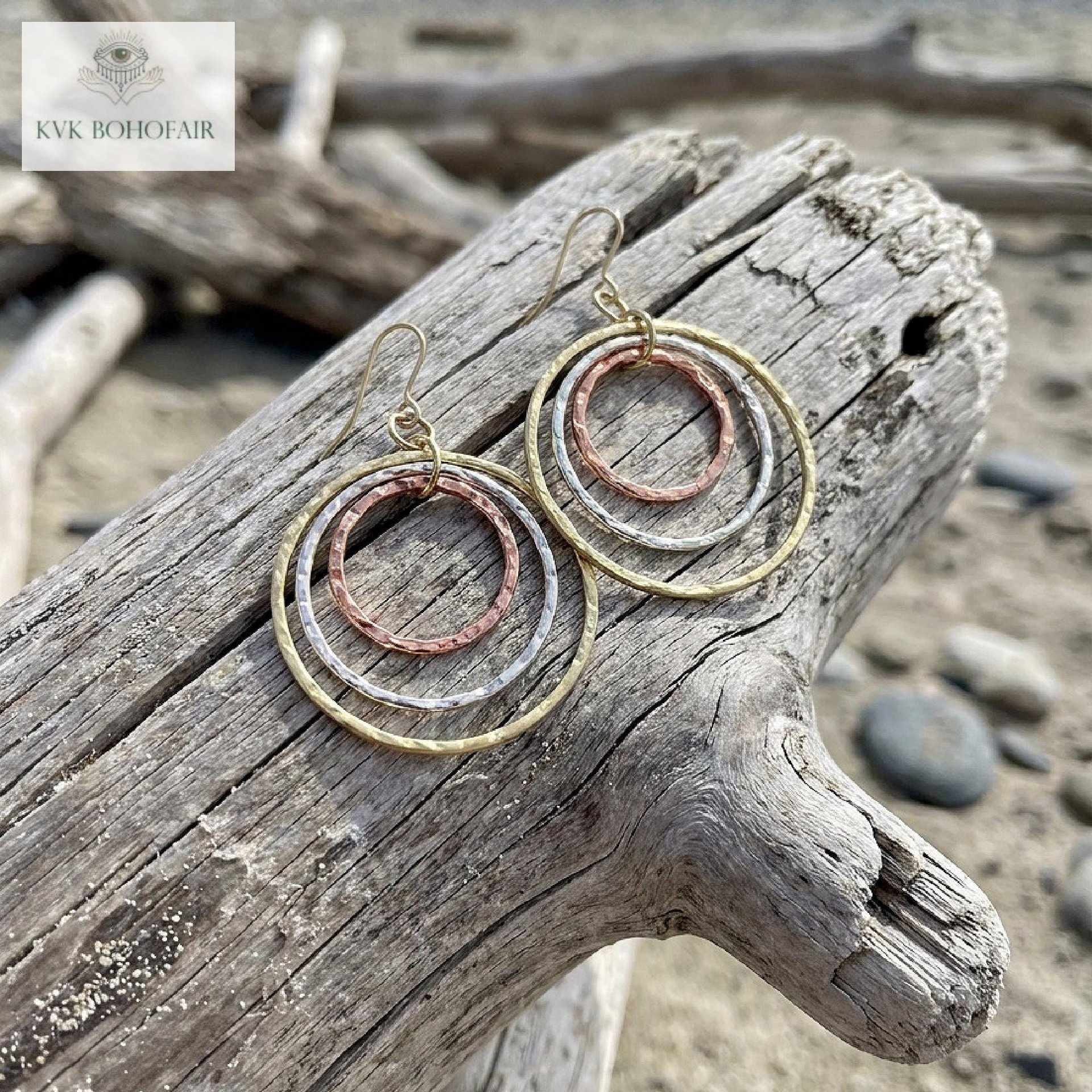 Mixed Metal Dangle Earrings - Hammered Tri Color Nested Hoops, Three Tone Circle Drops