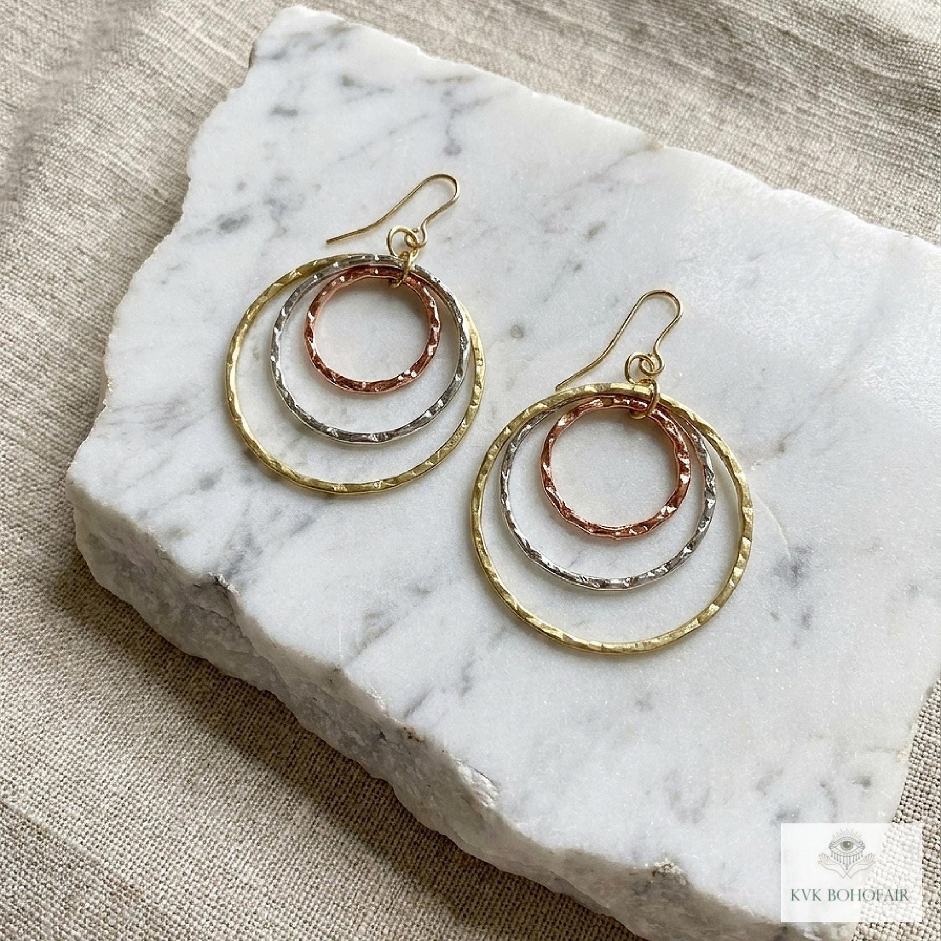Mixed Metal Dangle Earrings - Hammered Tri Color Nested Hoops, Three Tone Circle Drops