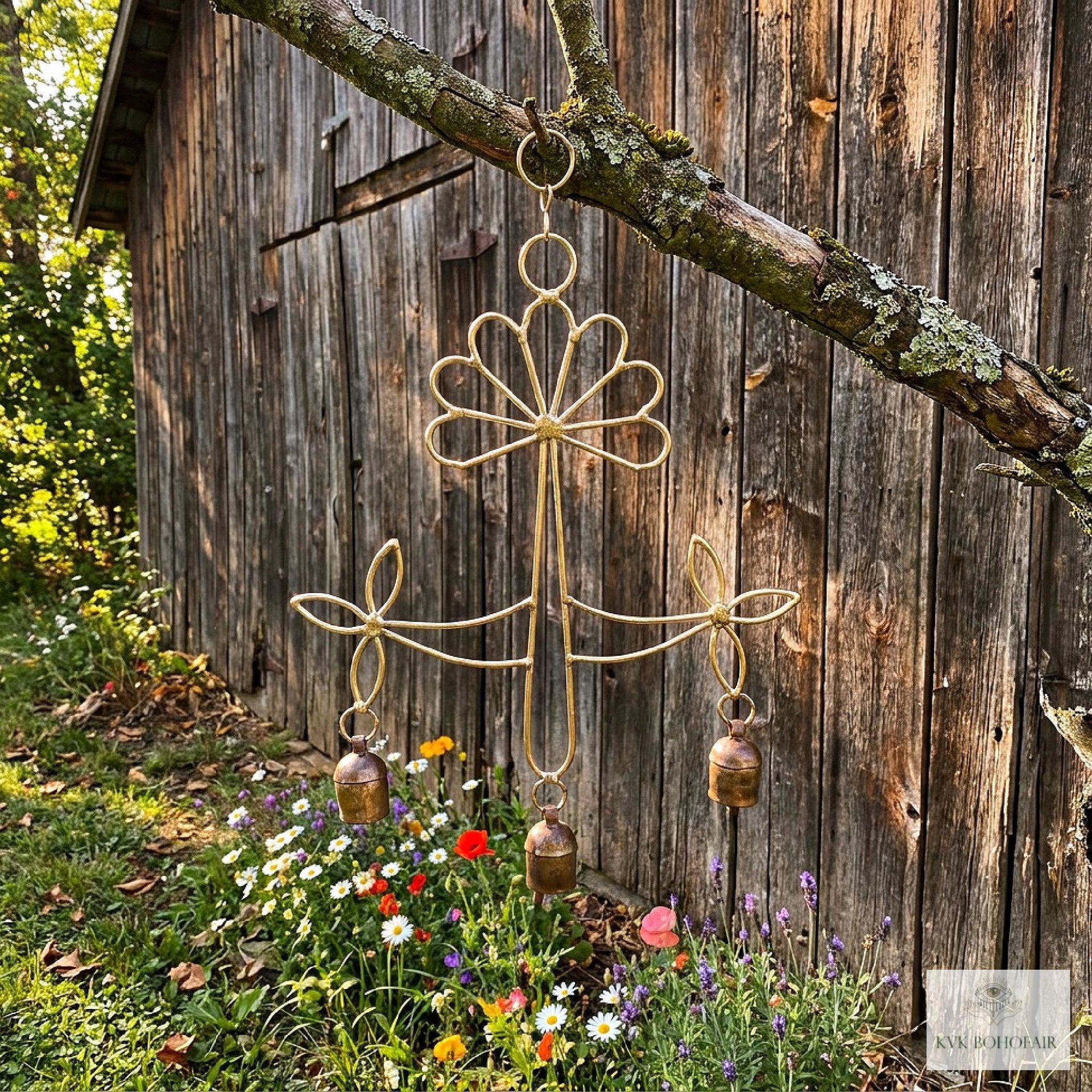 Peaceful: Handmade Flower Garden Wind Chime with Rustic Bells