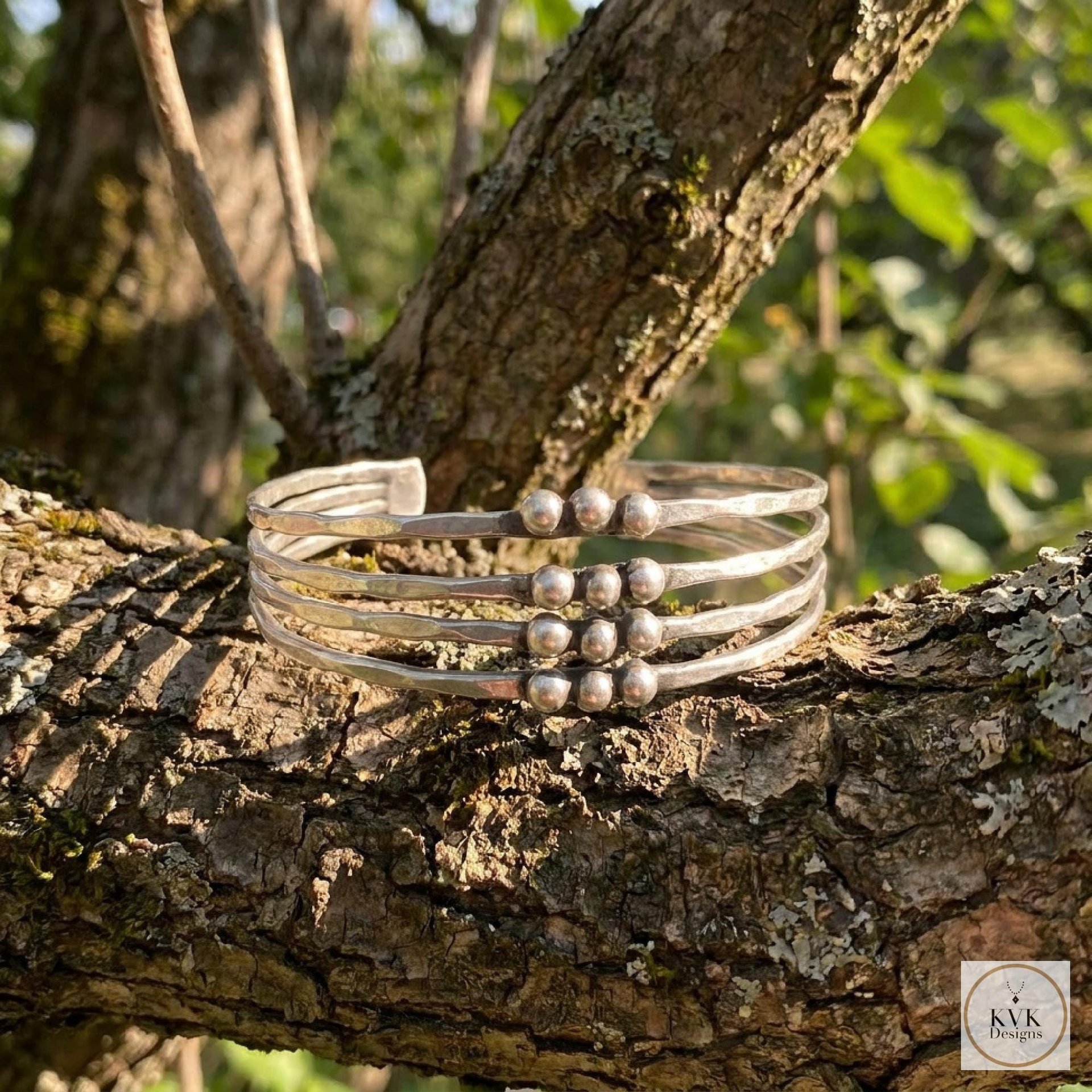 Hammered Silver Beaded Cuff Bracelet: Handcrafted Boho Jewelry