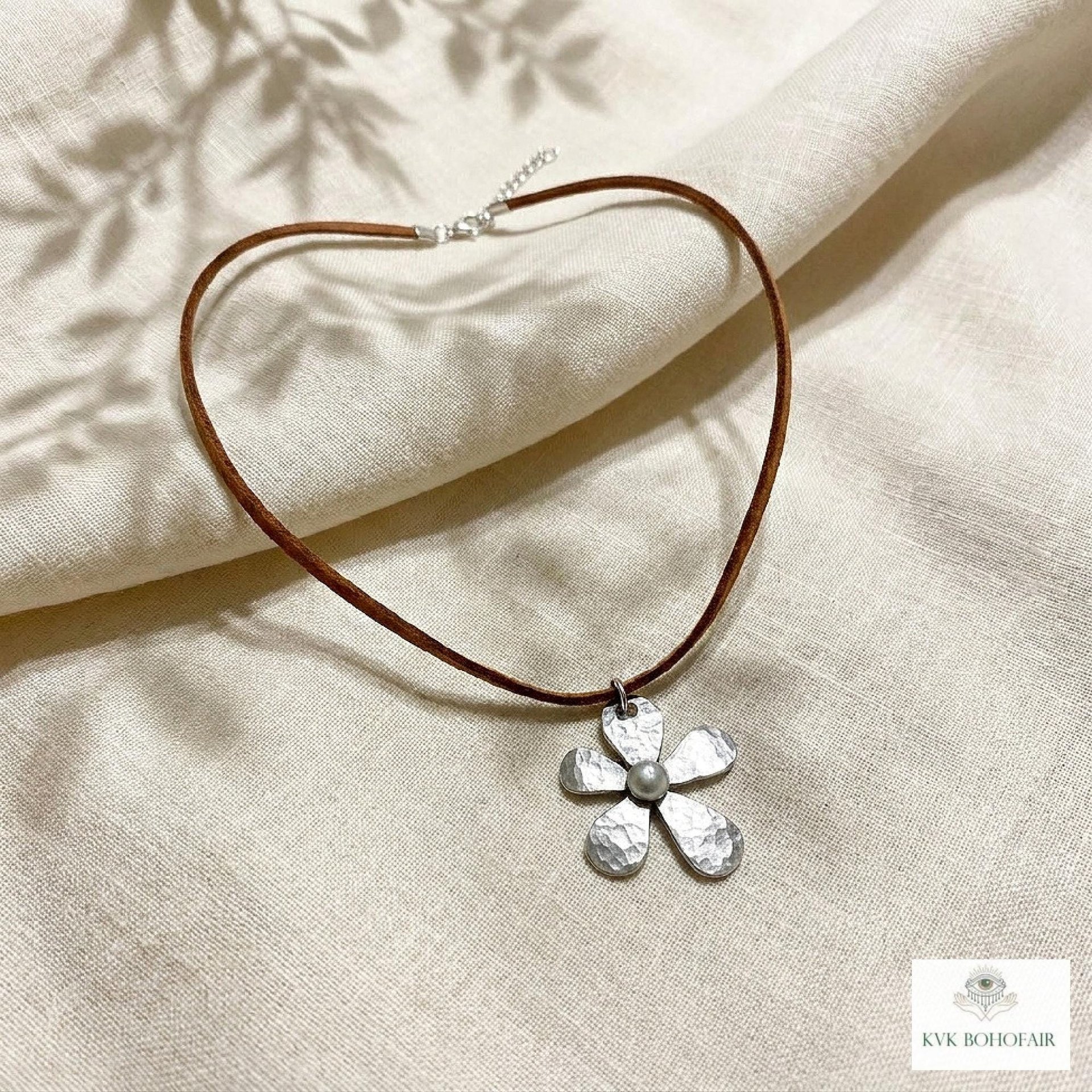 Silver Boho Flower Choker Necklace, Brown Suede Botanical Pendant