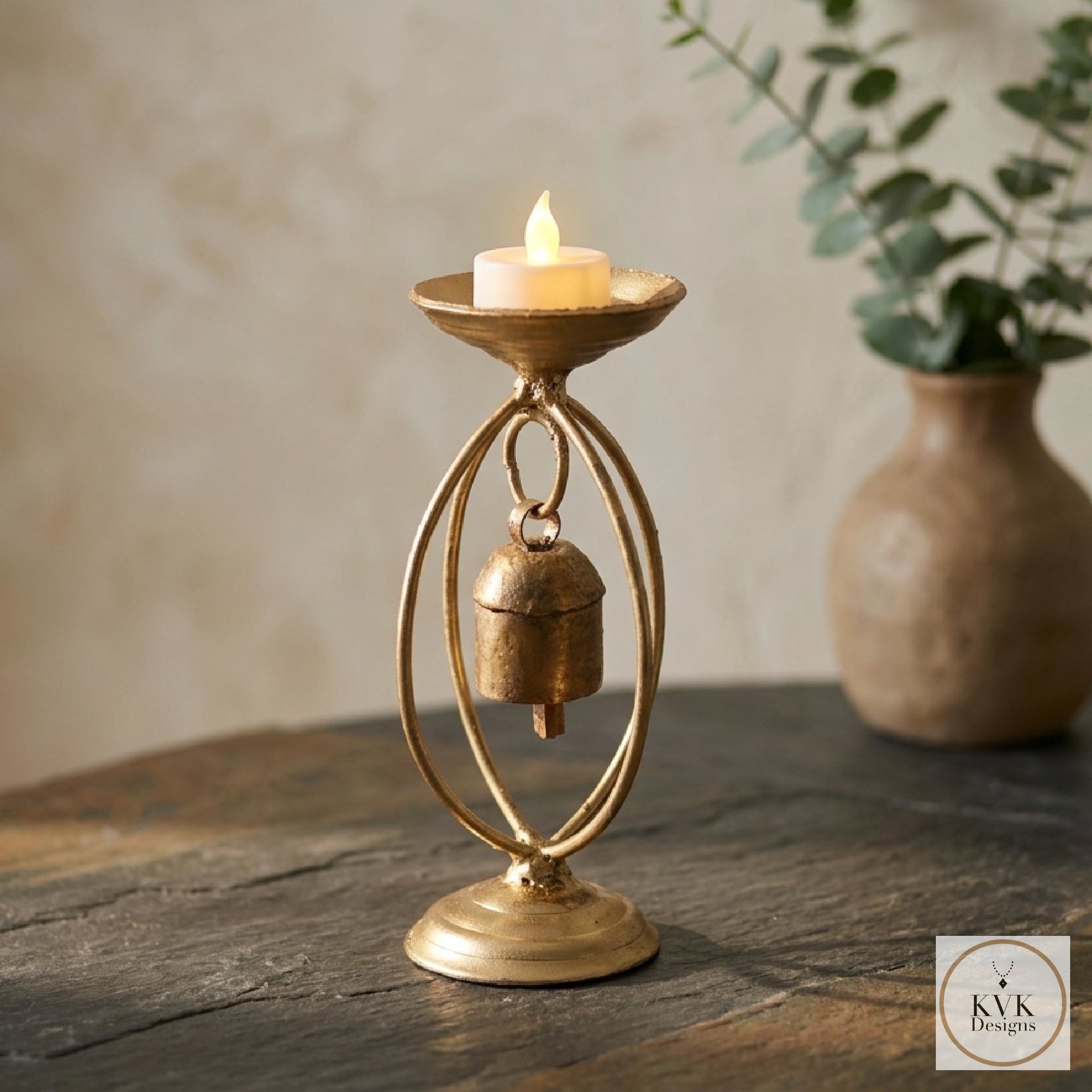 Zen Bell Votive Candle Holder - Artisan Metal Chime Altar Display Stand, 6.5 Inch