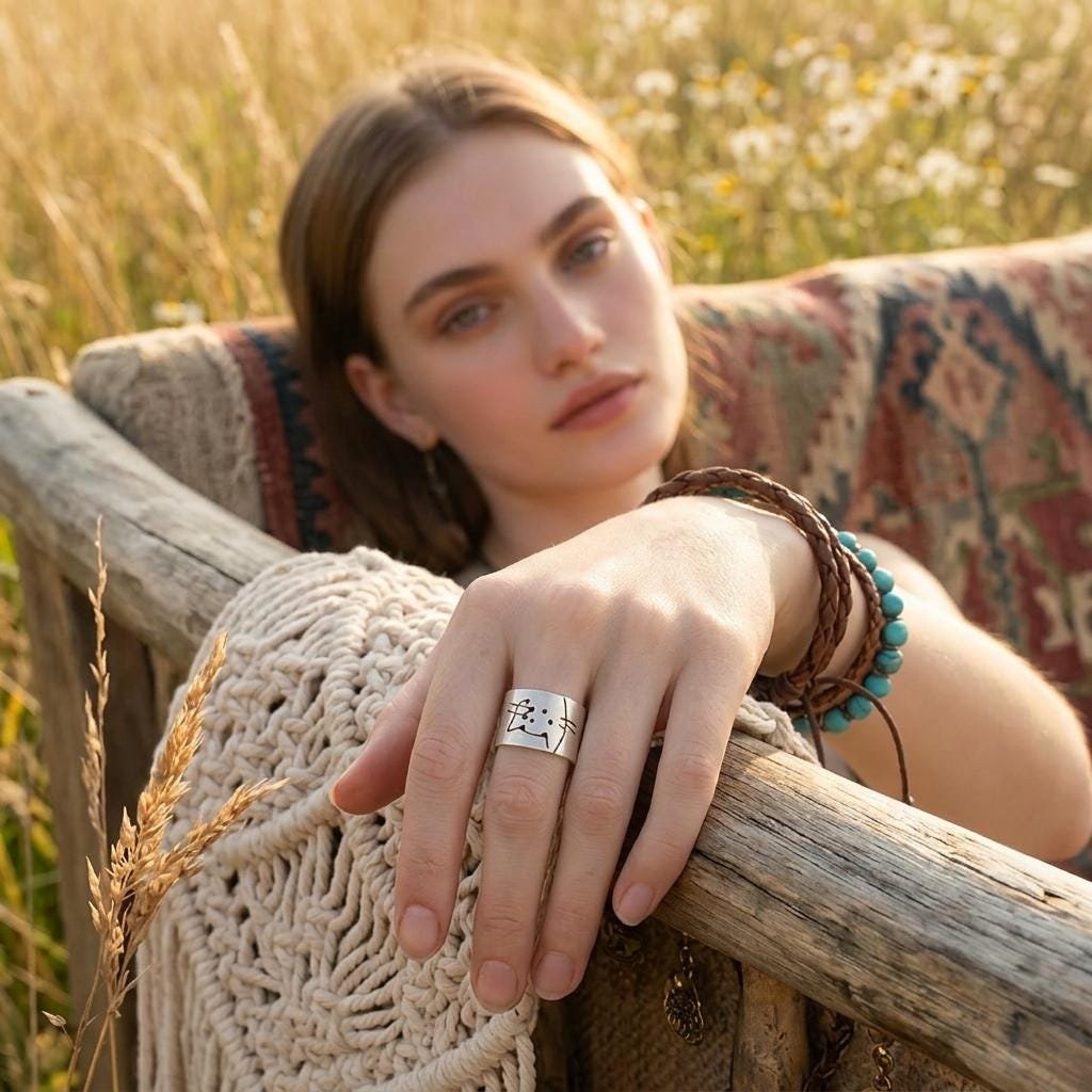 Silver-Plated Brass Cat Tree Face Ring – Rustic Boho Adjustable Statement Jewelry