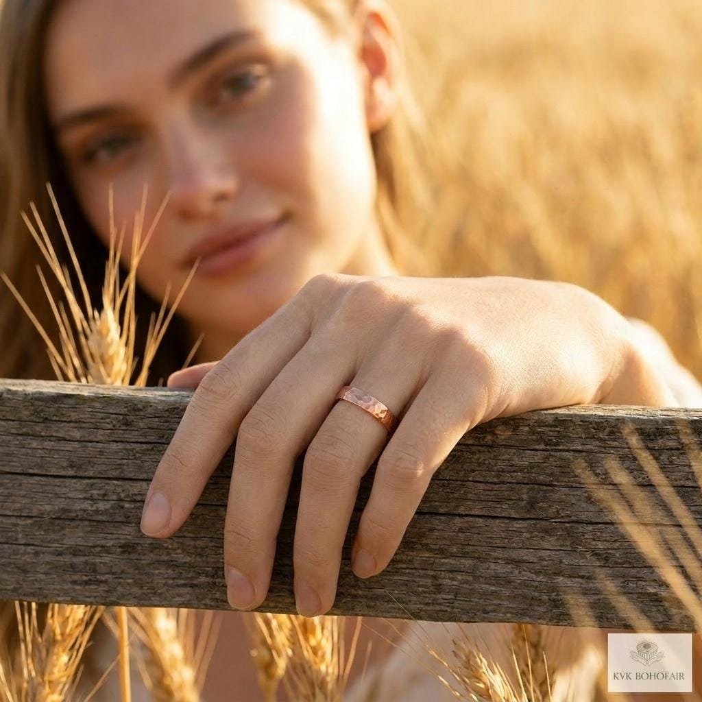 4.7 mm Copper Ring - Rustic Hammered Band, Unique Boho Style Jewelry