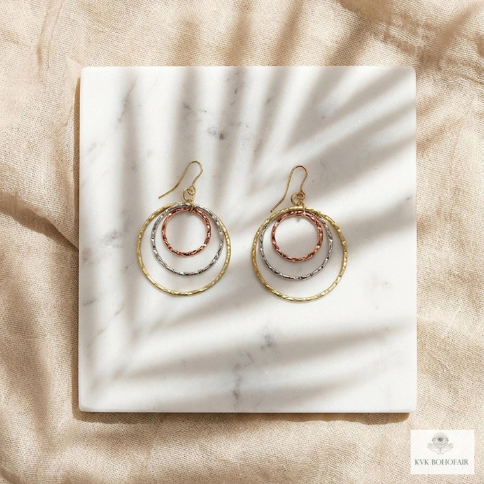 Mixed Metal Dangle Earrings - Hammered Tri Color Nested Hoops, Three Tone Circle Drops