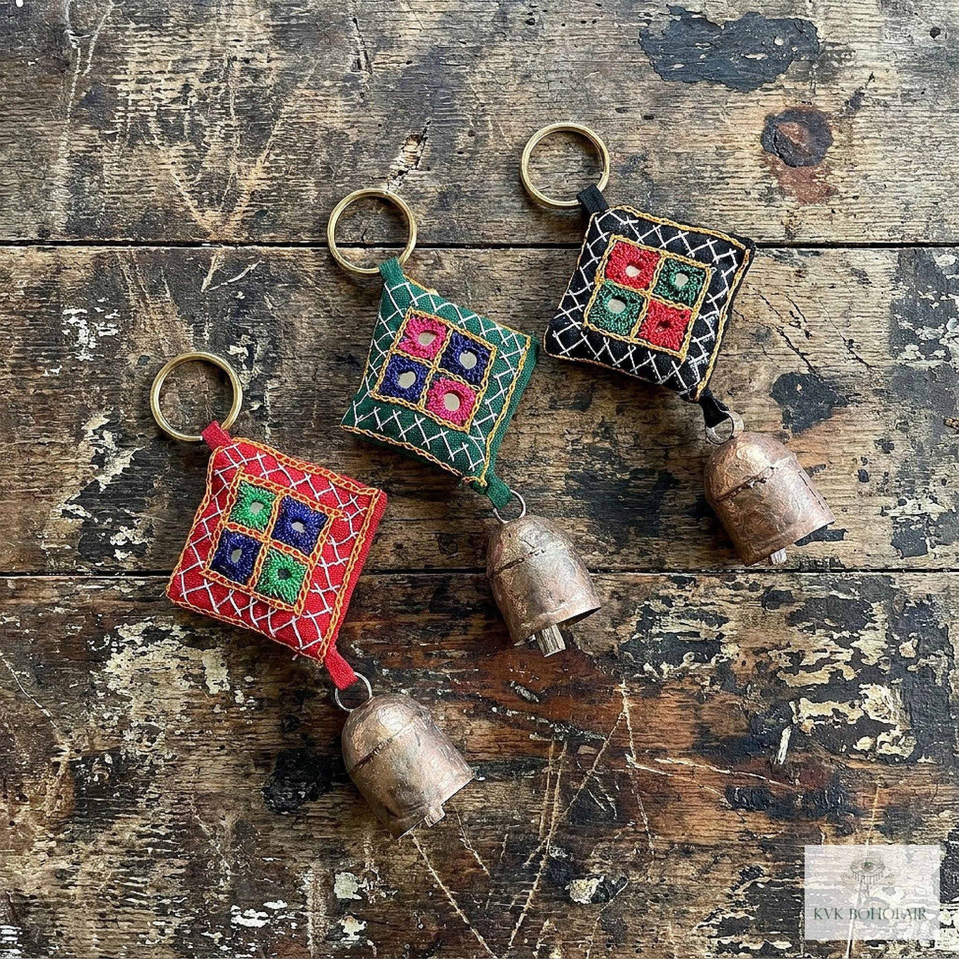 Boho Shisha Mirror Embroidery Bell Keychain - Artisan Indian Recycled Chime