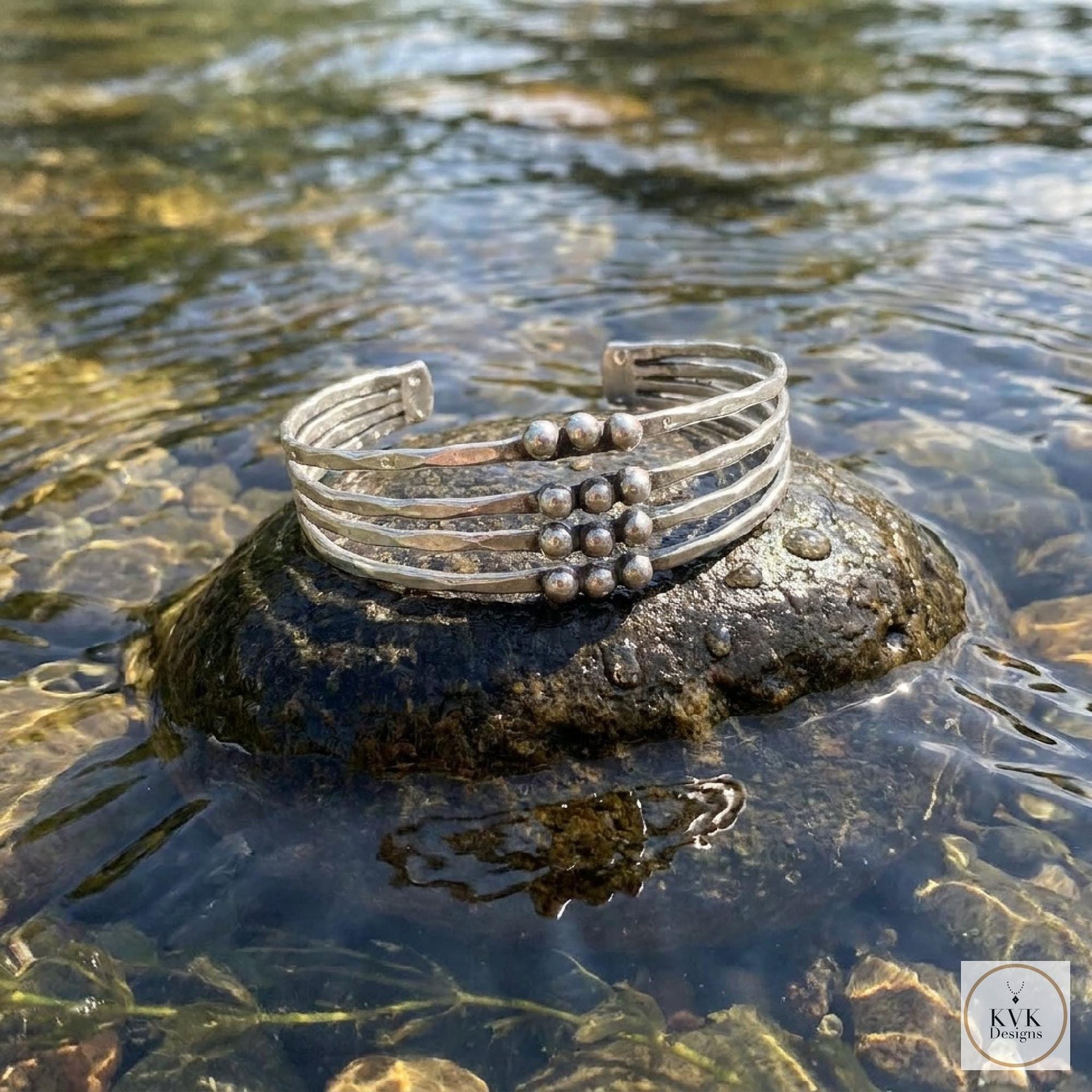 Hammered Silver Beaded Cuff Bracelet: Handcrafted Boho Jewelry