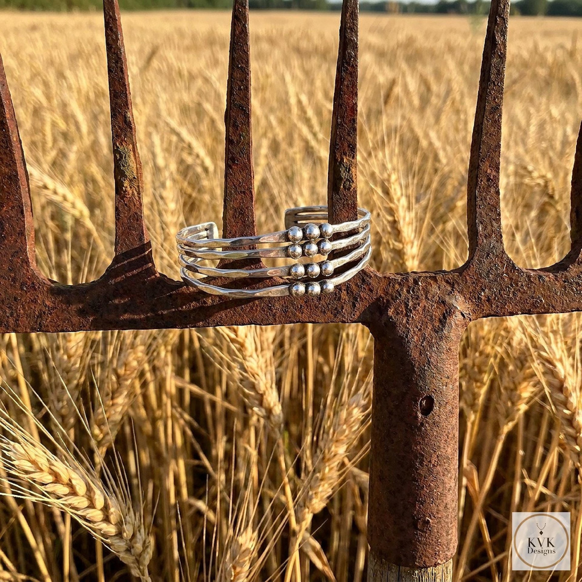 Hammered Silver Beaded Cuff Bracelet: Handcrafted Boho Jewelry