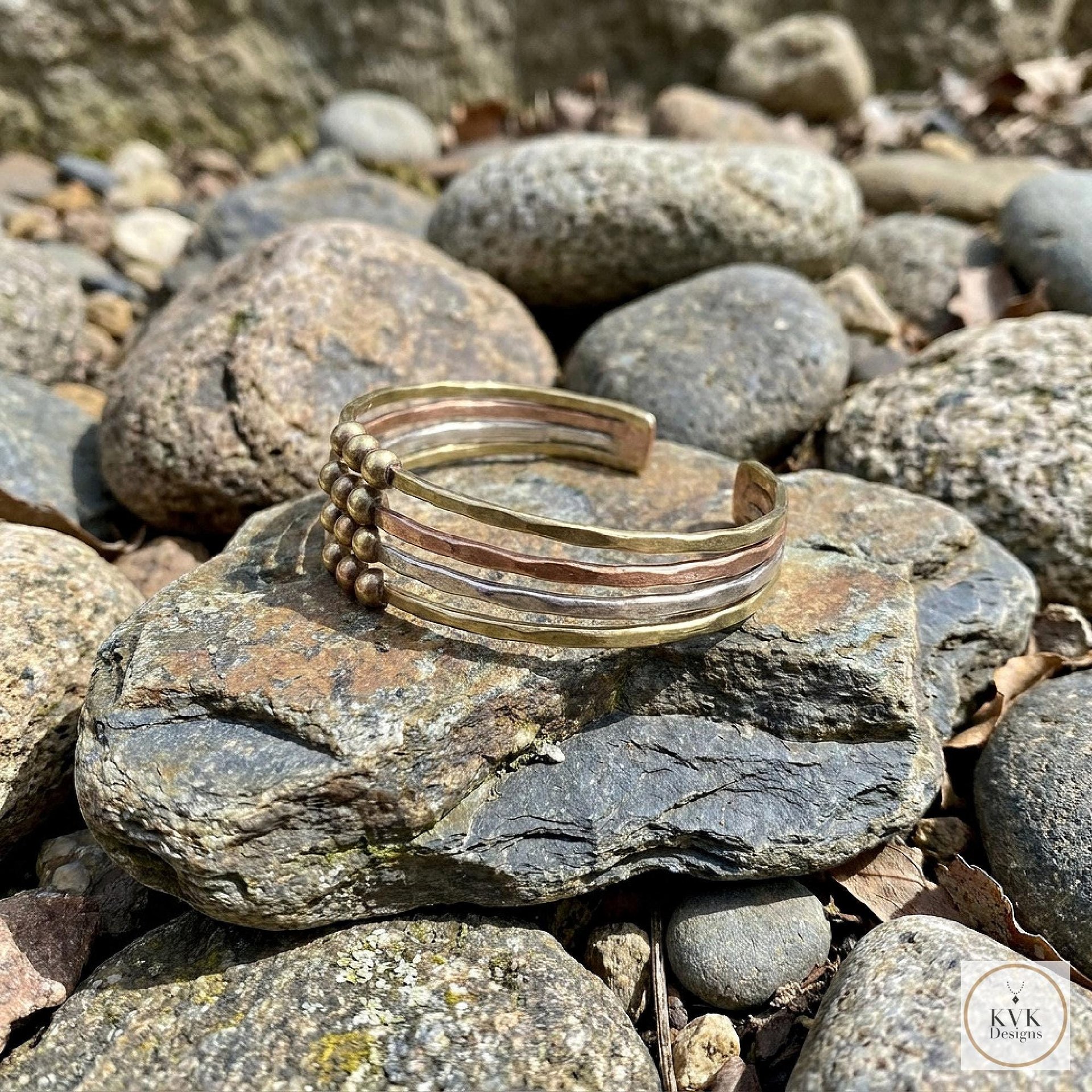 Hammered Mixed Metal Beaded Cuff Bracelet: Handcrafted Boho Jewelry