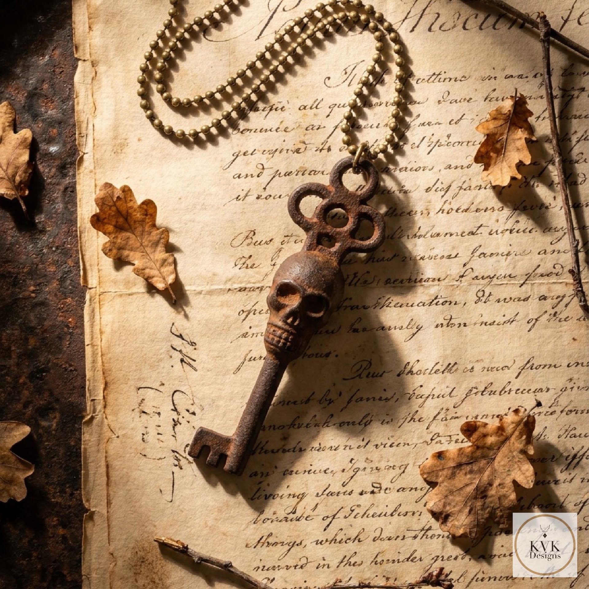 Gothic Skull Key Necklace - Antique Bronze Boho Pendant Chain