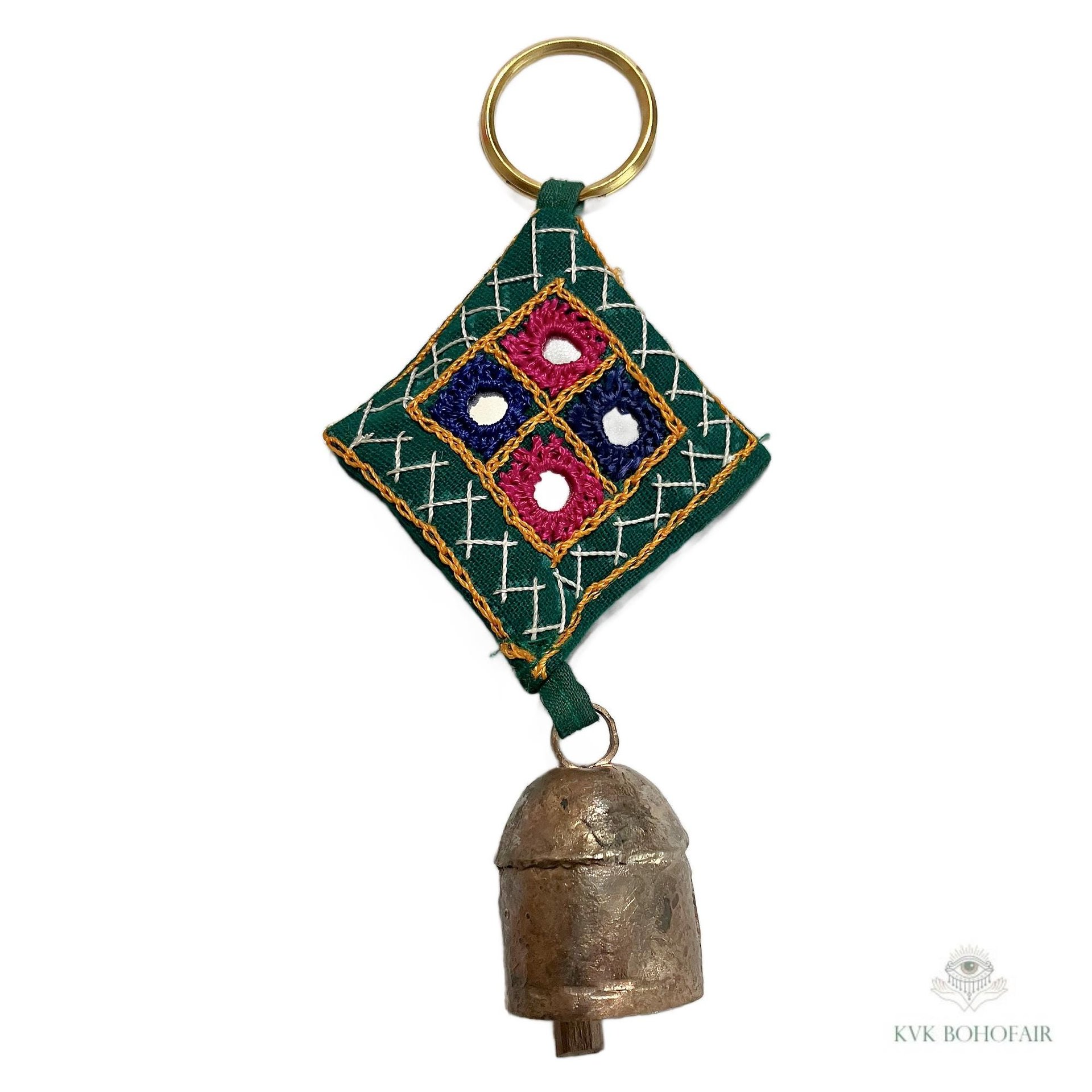 Boho Shisha Mirror Embroidery Bell Keychain - Artisan Indian Recycled Chime