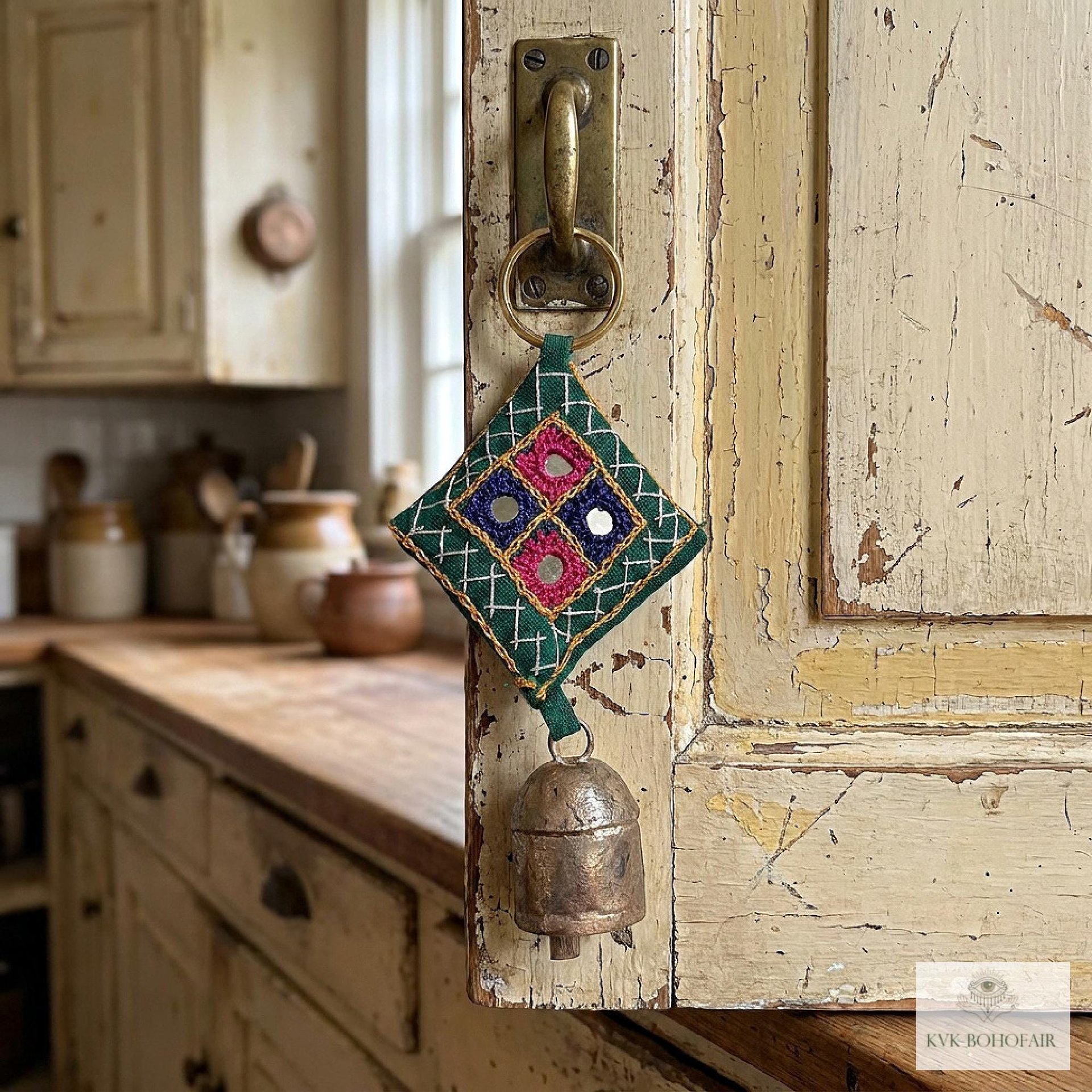 Boho Shisha Mirror Embroidery Bell Keychain - Artisan Indian Recycled Chime
