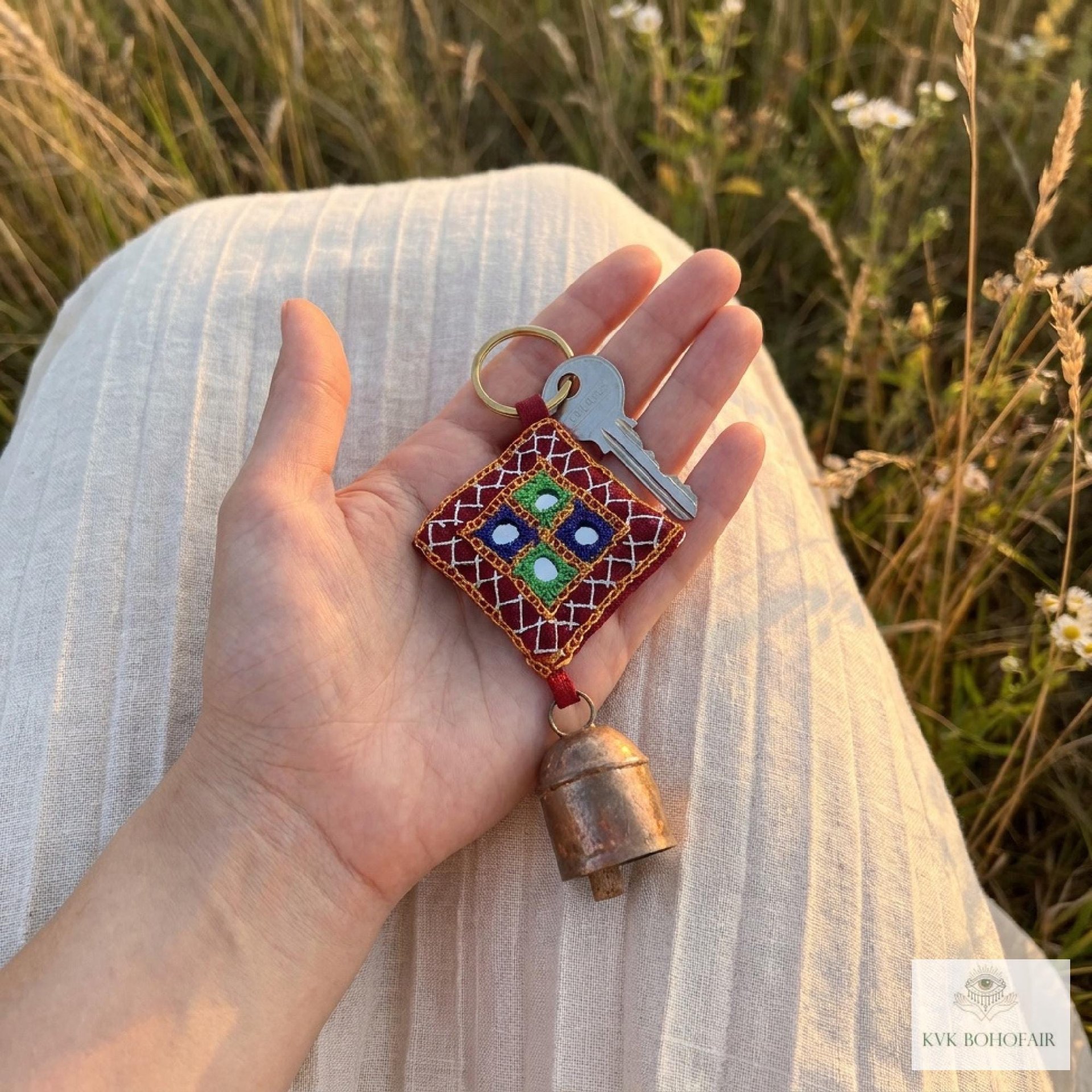 Boho Shisha Mirror Embroidery Bell Keychain - Artisan Indian Recycled Chime