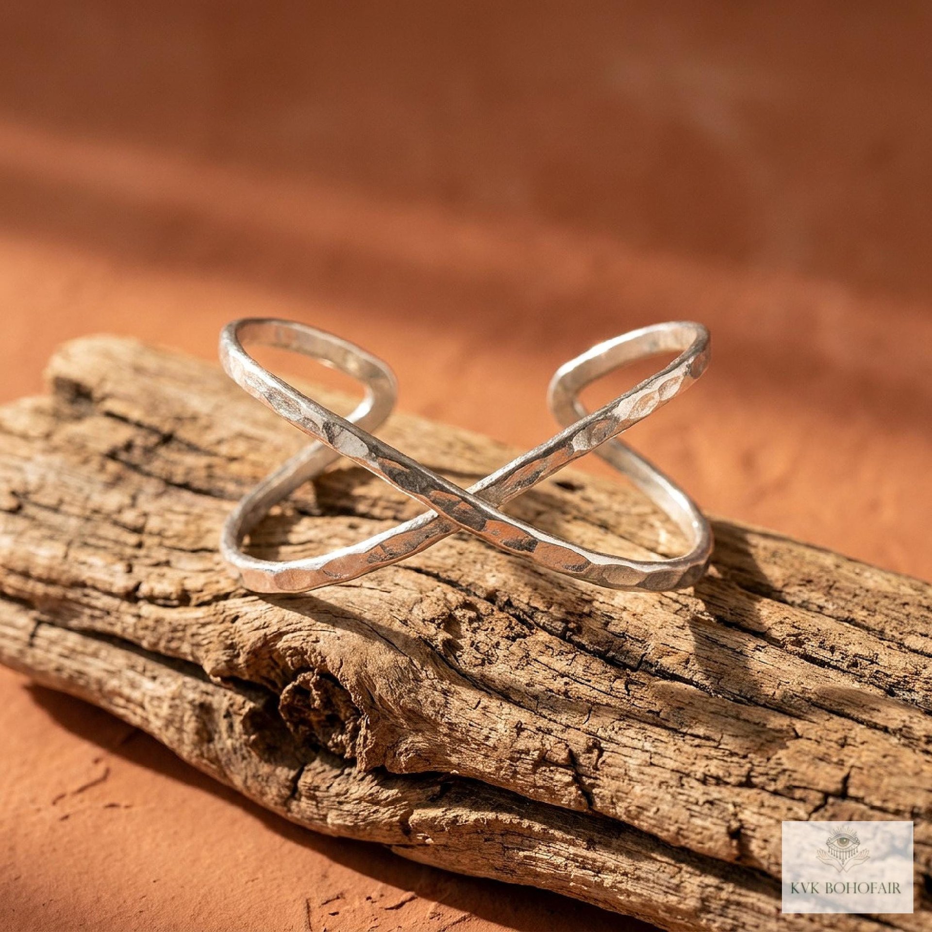 Hammered Silver Criss Cross Cuff Bracelet: Boho X Design