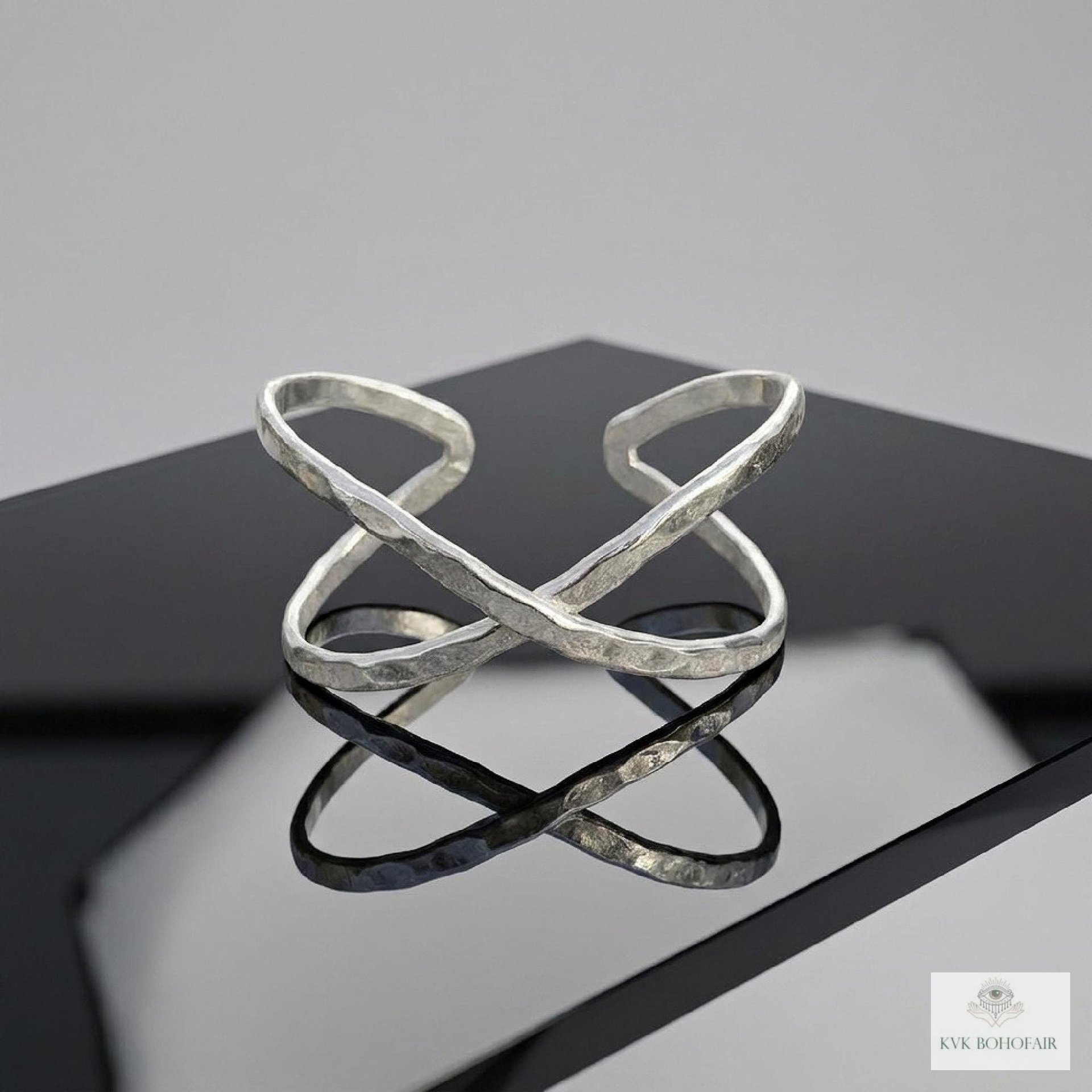 Hammered Silver Criss Cross Cuff Bracelet: Boho X Design