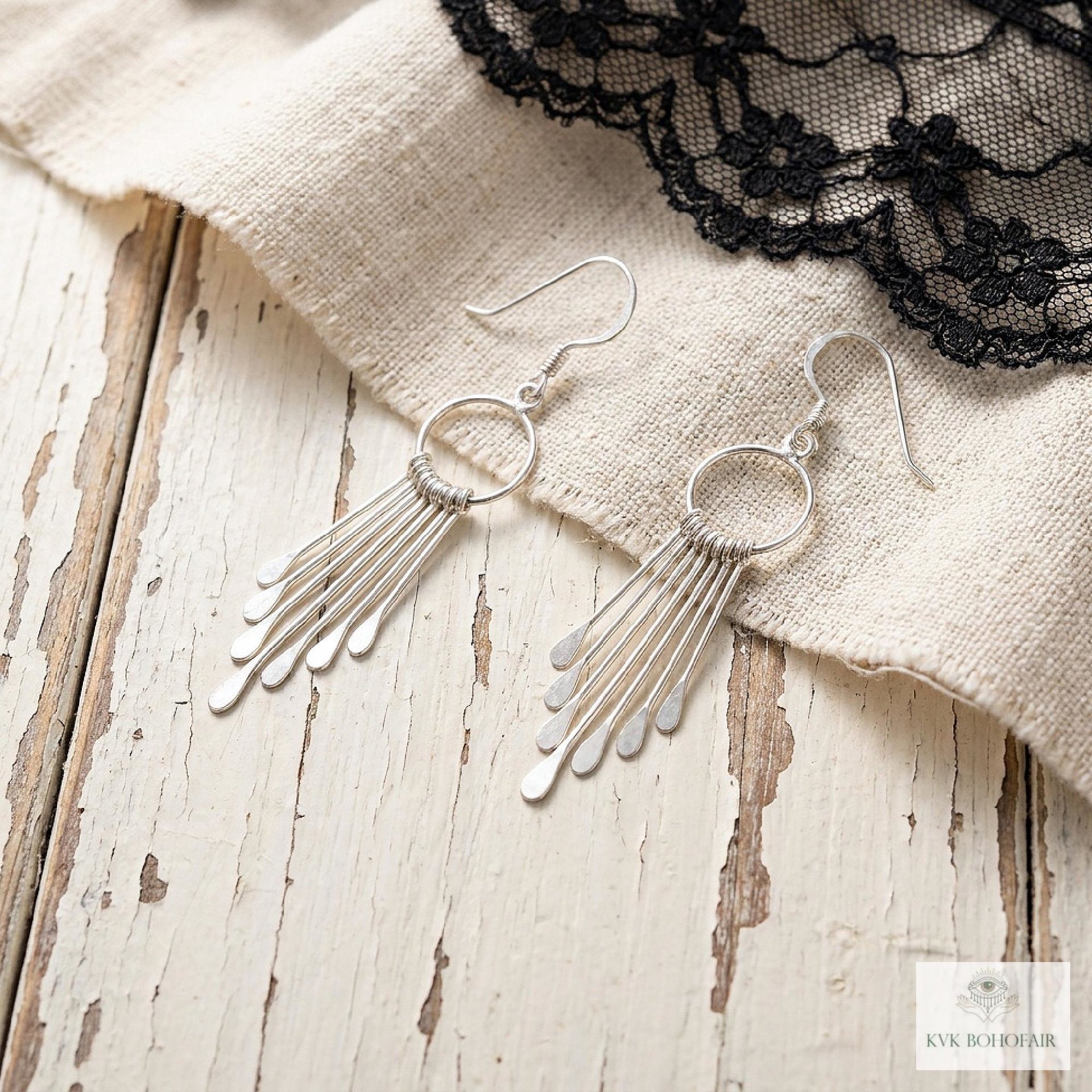 Sterling Silver Fringe Paddle Earrings, Handcrafted Boho Dangles, Unique Metallic Statement Drops