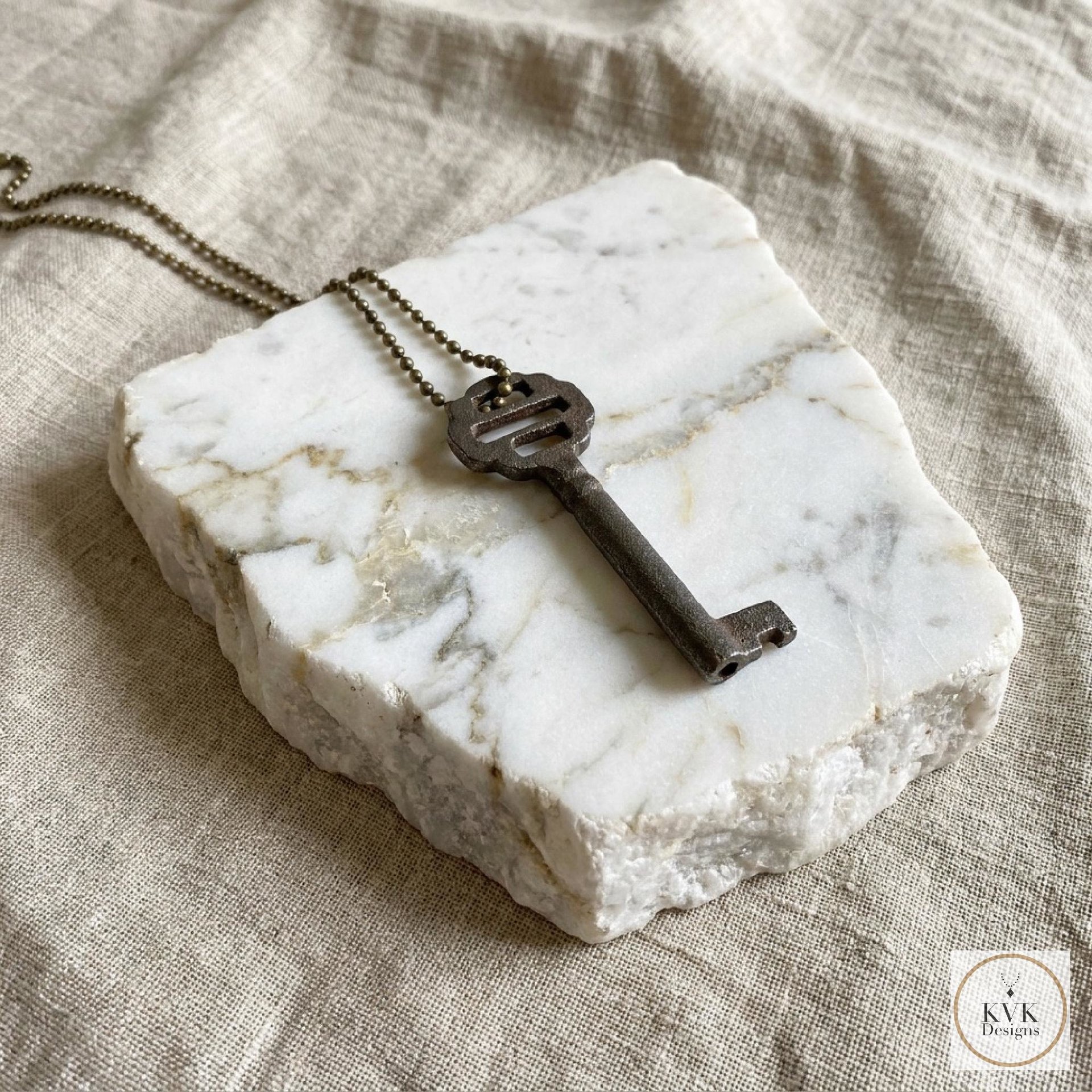 Antique Iron Skeleton Key Necklace OPHELIA, Two-Bladed Trunk Lock Pendant, Brass Ball