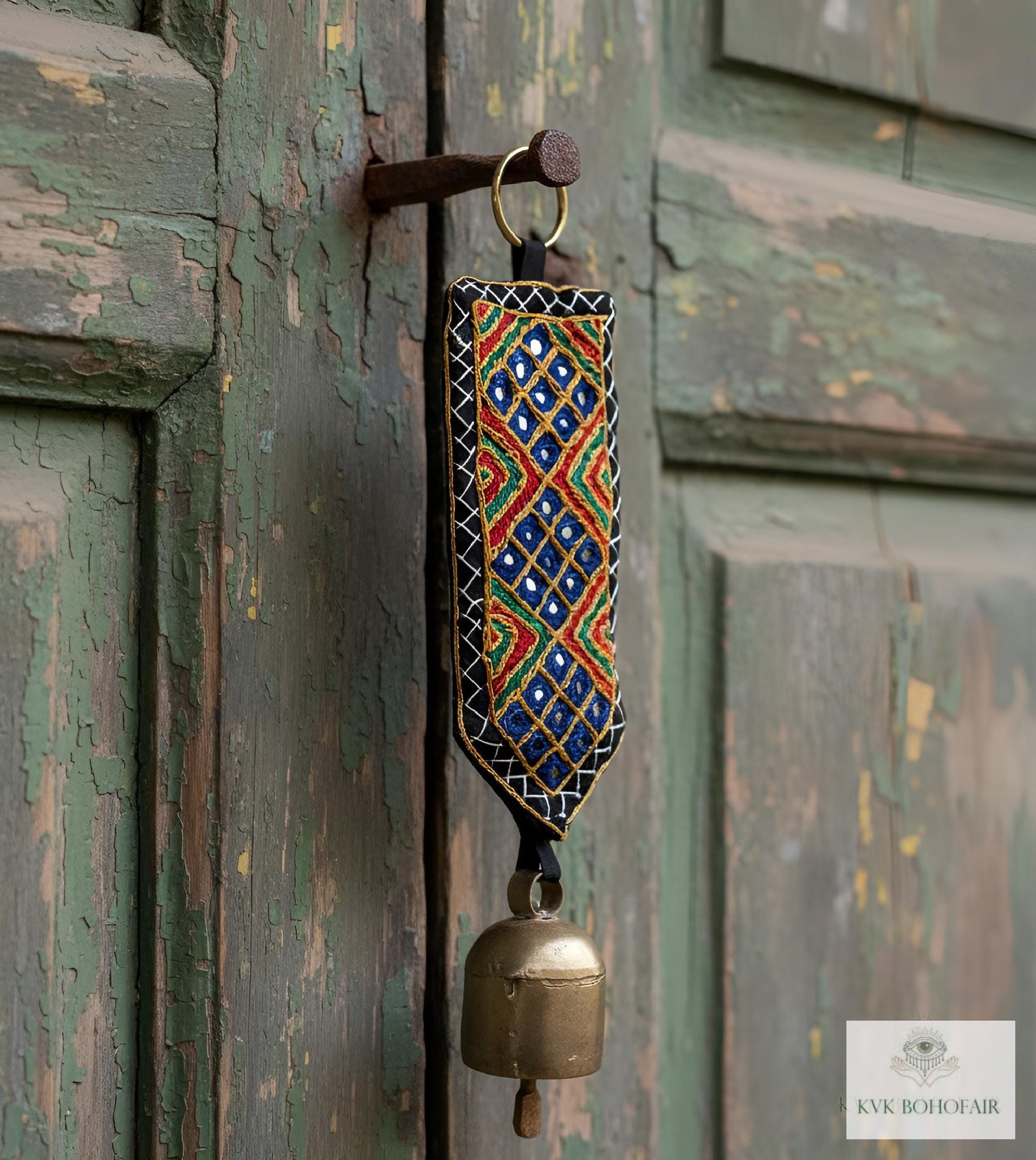 Boho Shisha Mirror Embroidery Fabric Banner Chime - Recycled Indian Wall Bell