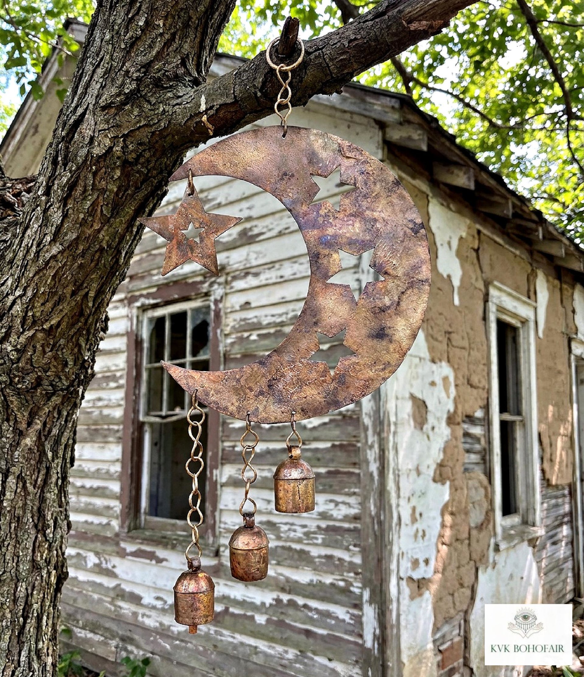 Crescent Moon and Stars with Hanging Bells Windchime - Artisan Metal Garden Decor Brass Bells