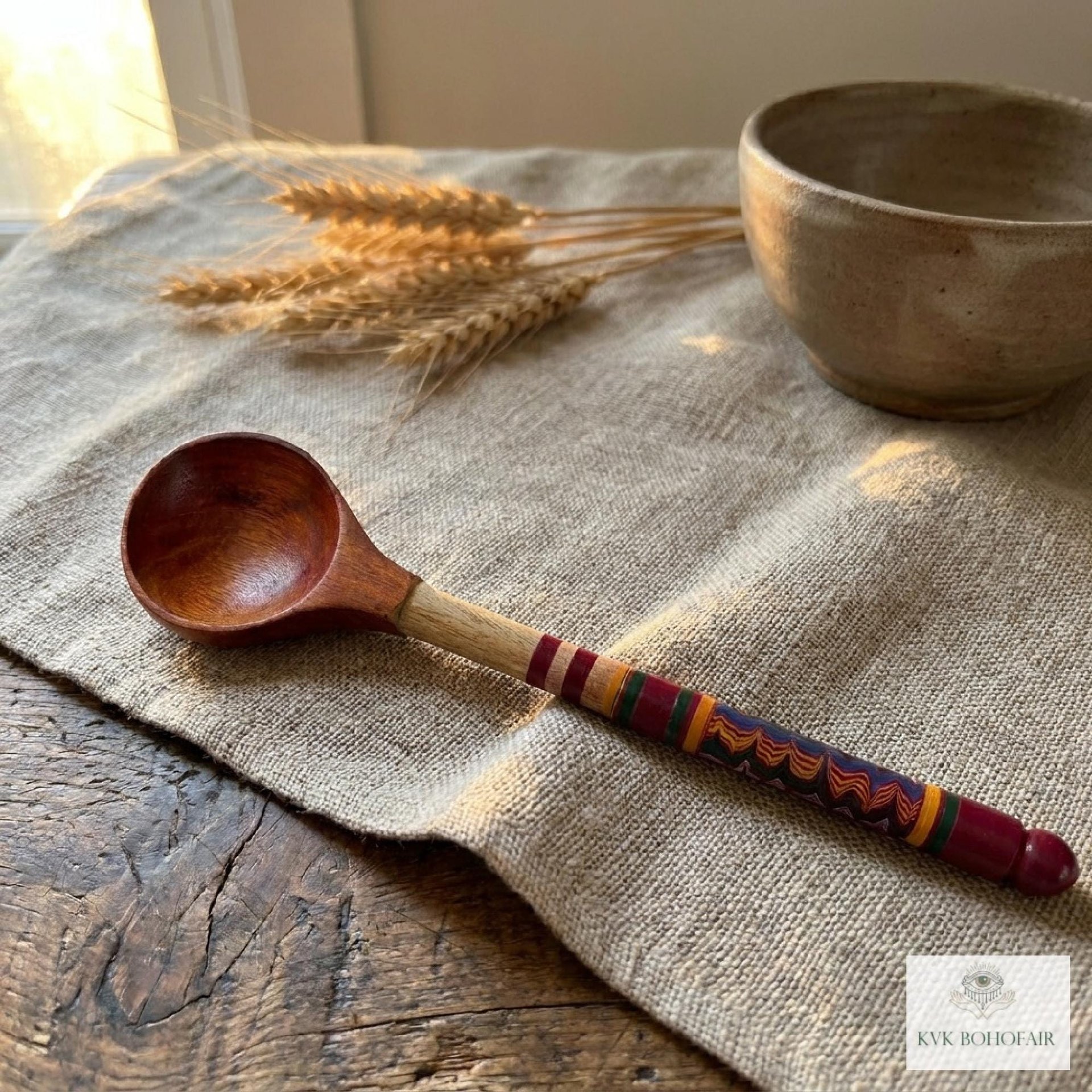 Hand-Turned Lacquerware Wood Spoon - Artisan Handcrafted Serving Scoop - Wooden Coffee Spoon, Colorful Boho Kitchen Decor Gift