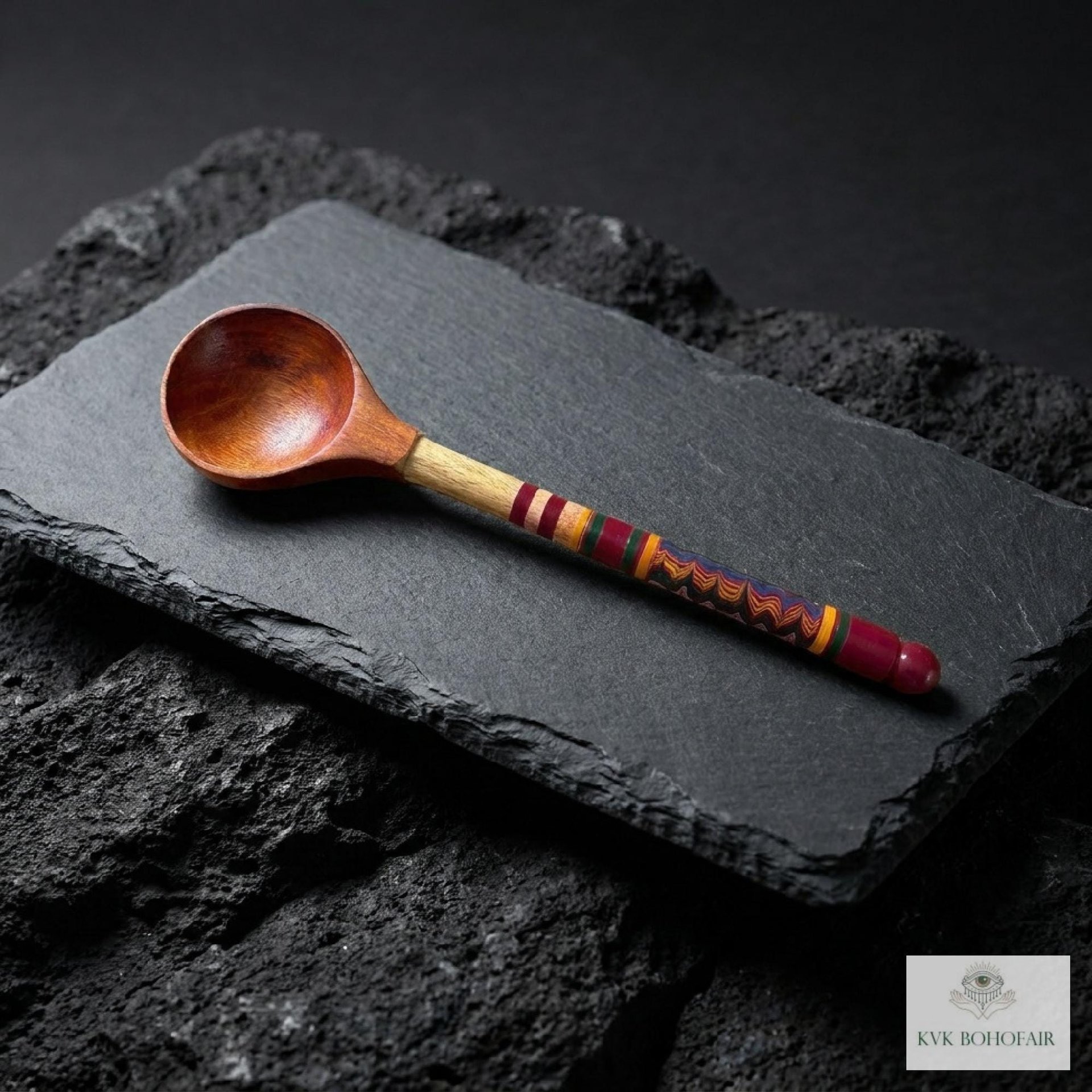 Hand-Turned Lacquerware Wood Spoon - Artisan Handcrafted Serving Scoop - Wooden Coffee Spoon, Colorful Boho Kitchen Decor Gift
