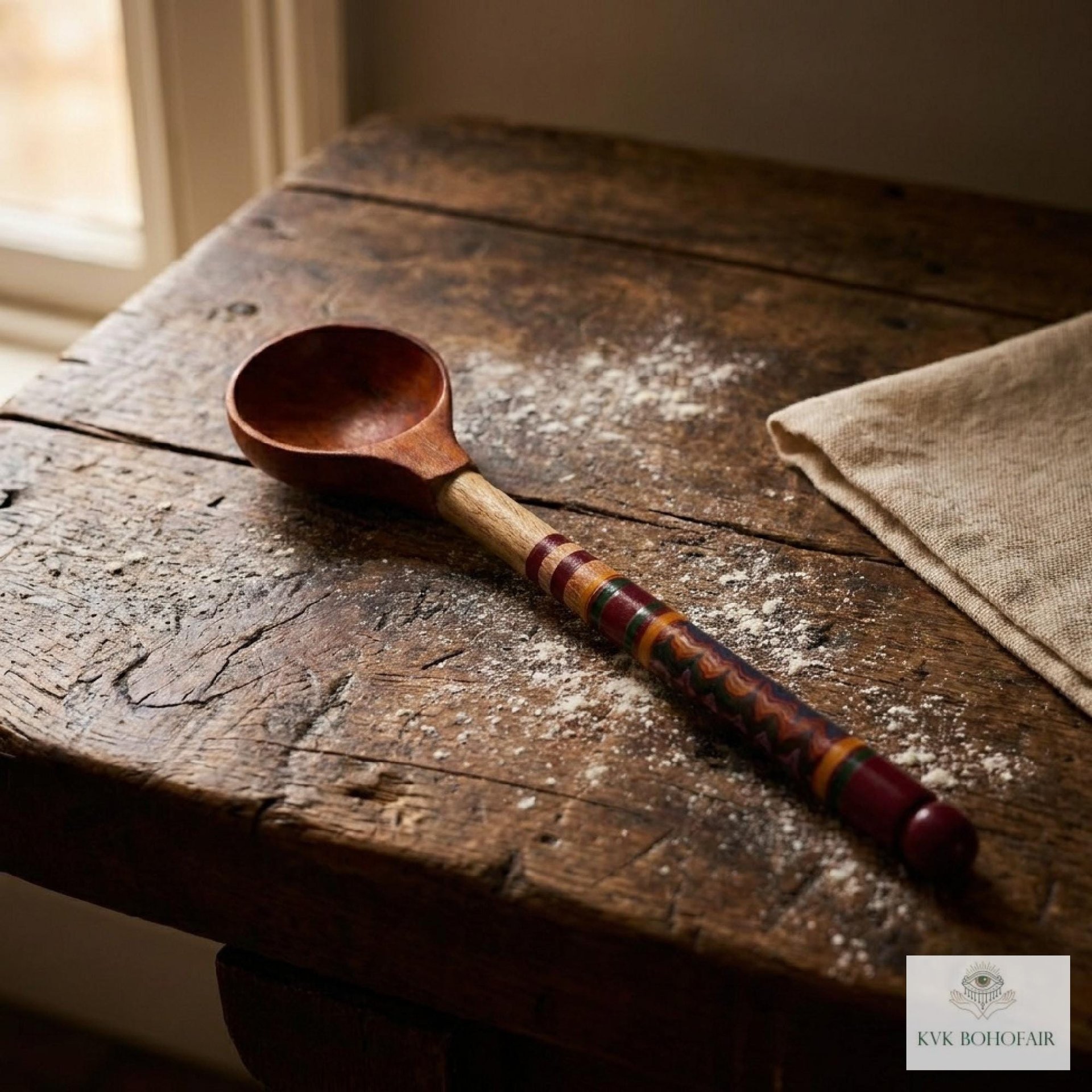 Hand-Turned Lacquerware Wood Spoon - Artisan Handcrafted Serving Scoop - Wooden Coffee Spoon, Colorful Boho Kitchen Decor Gift