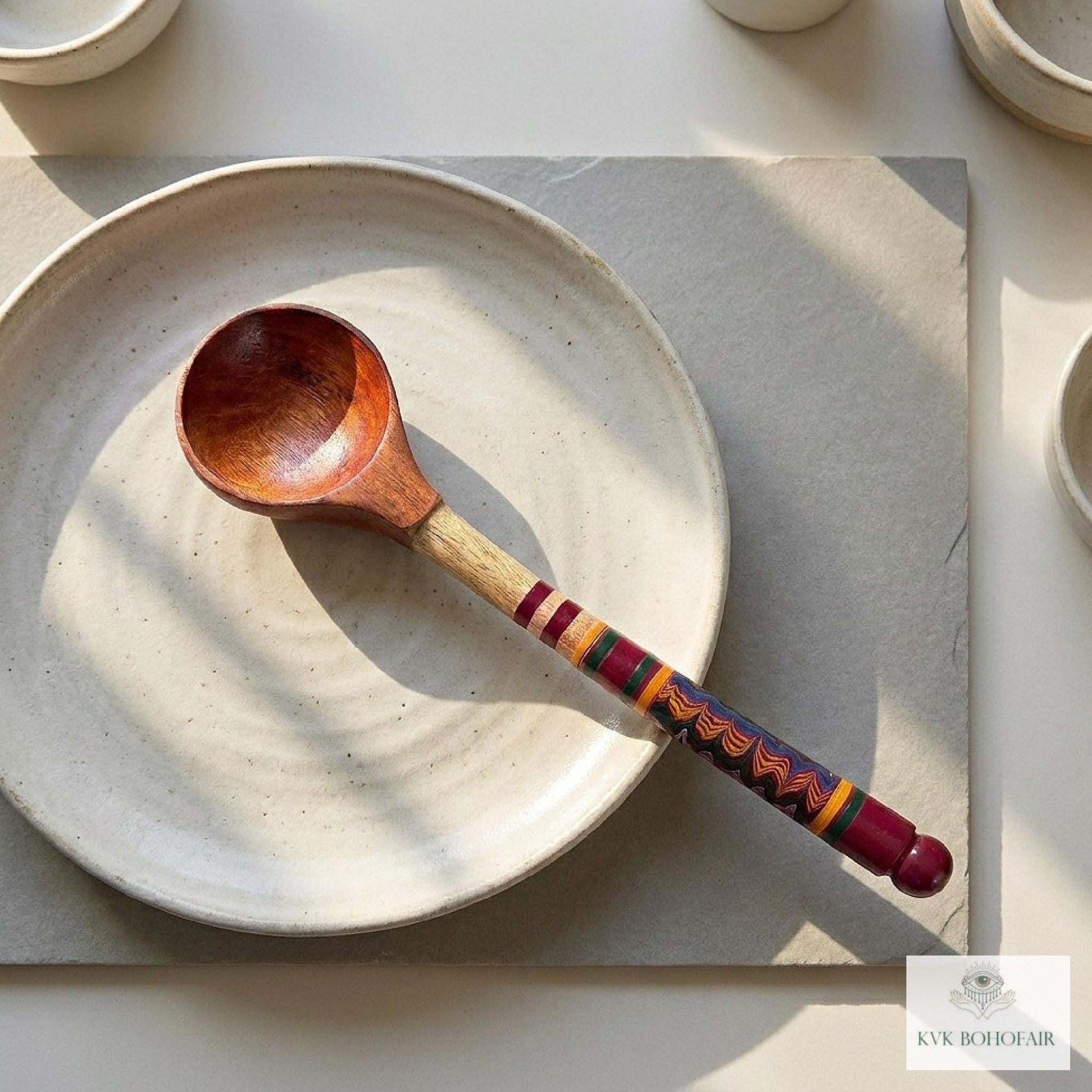 Hand-Turned Lacquerware Wood Spoon - Artisan Handcrafted Serving Scoop - Wooden Coffee Spoon, Colorful Boho Kitchen Decor Gift