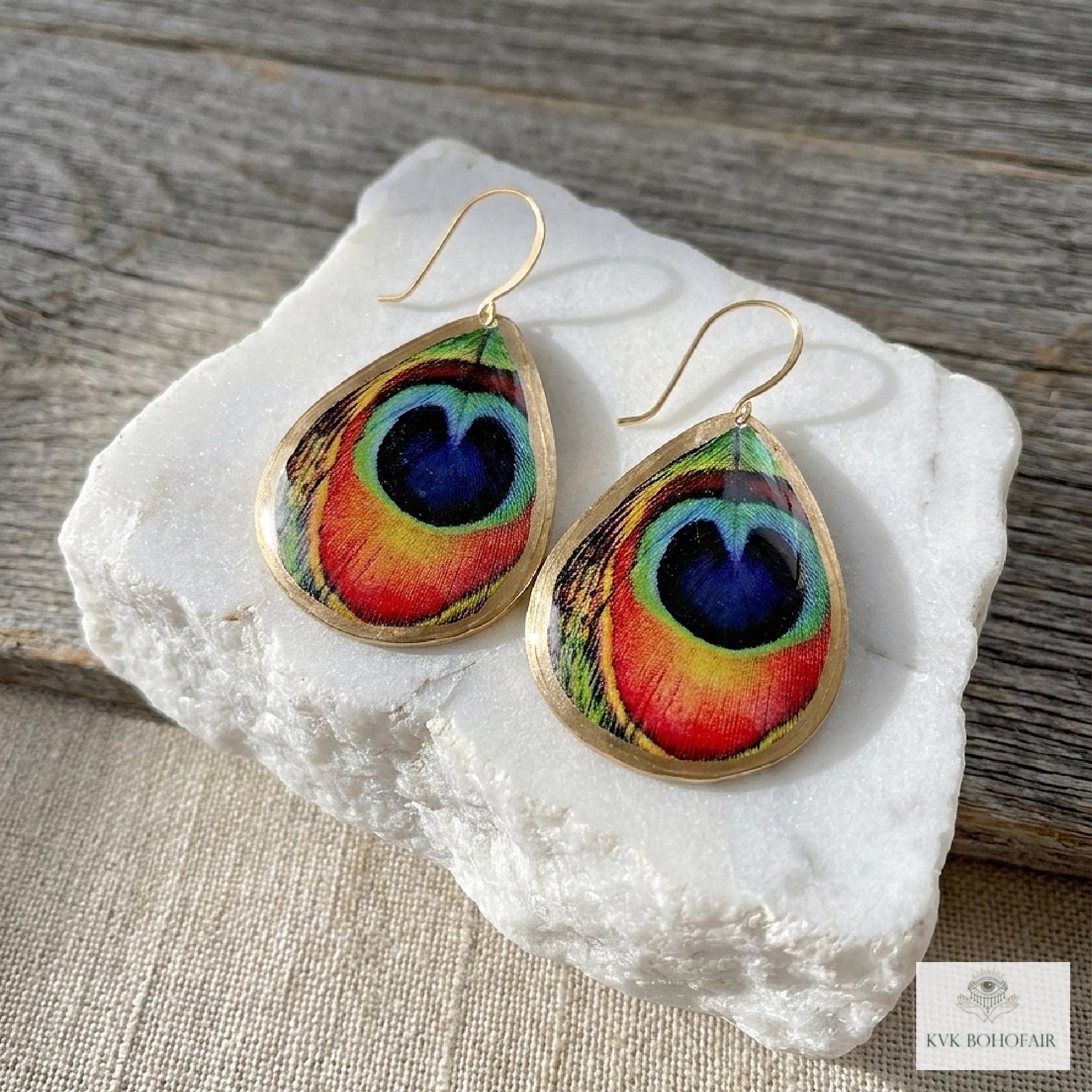 Peacock Feather Print Teardrop Earrings, Bohemian Gold Plated Dangles, Colorful Artisan Jewelry Drops