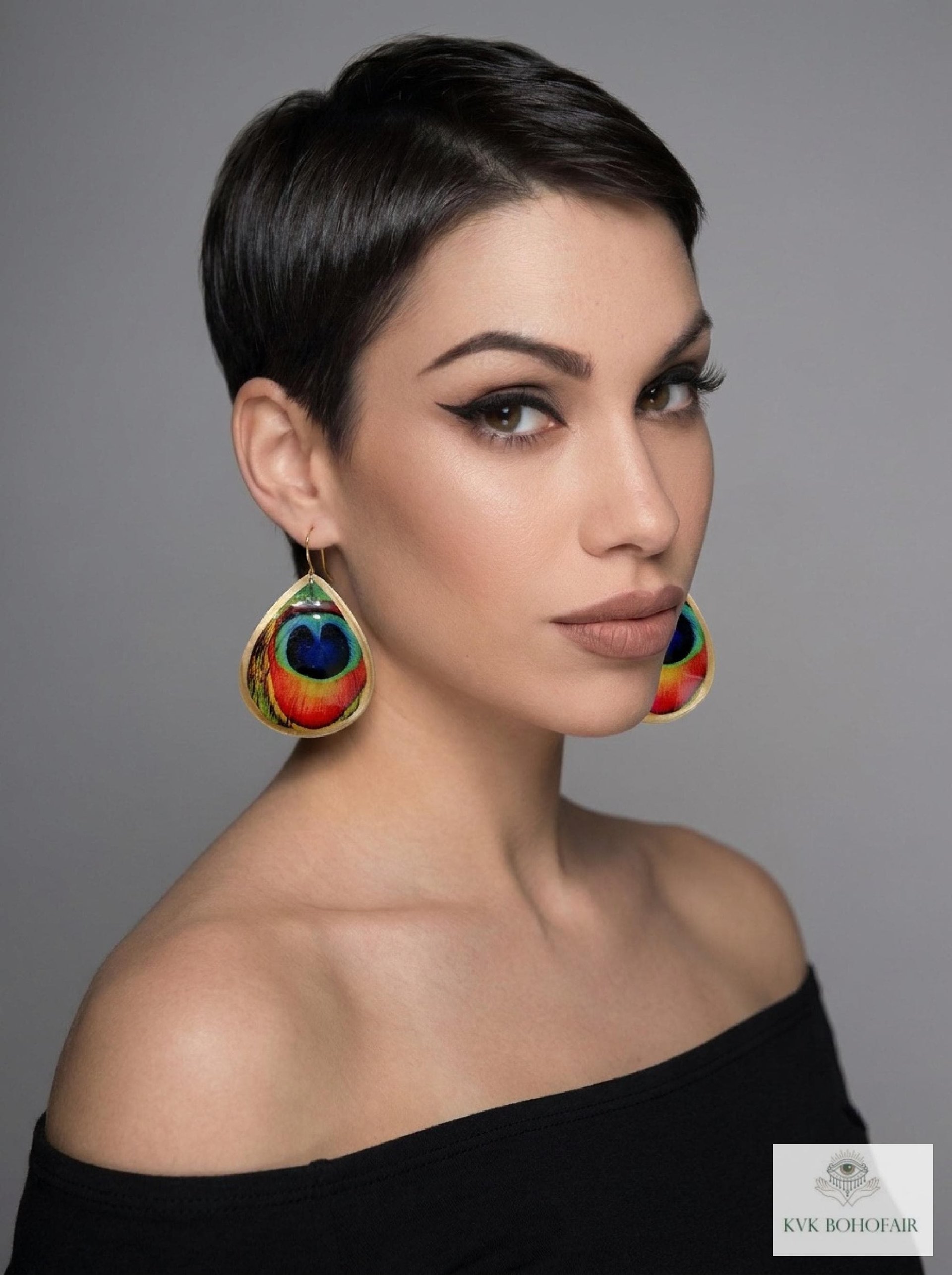 Peacock Feather Print Teardrop Earrings, Bohemian Gold Plated Dangles, Colorful Artisan Jewelry Drops