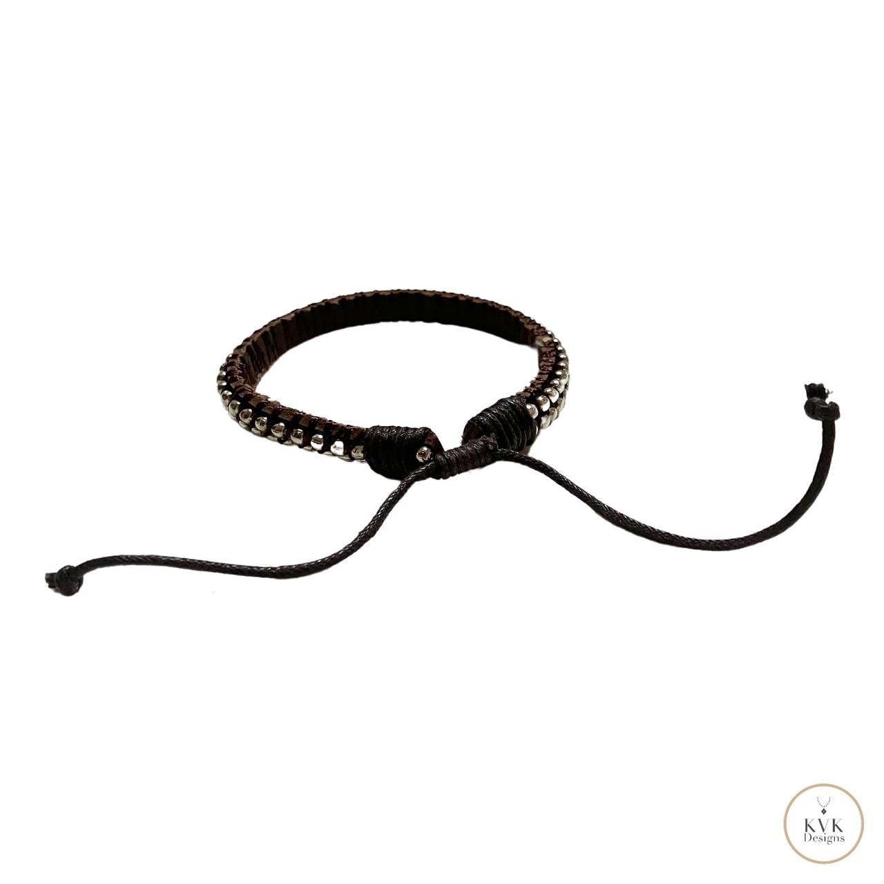 Mens Silver Bead Leather Bracelet