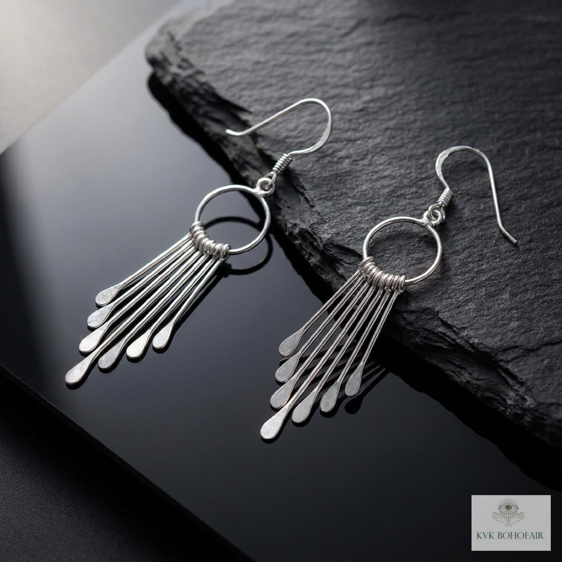 Sterling Silver Fringe Paddle Earrings, Handcrafted Boho Dangles, Unique Metallic Statement Drops